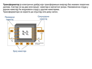 Трансформатор је електрични уређај који трансформише енергију без икаквих покретних 
делова. Састоји се од два (или више)  намотаја и магнетног језгра. Наизменична струја у 
једном намотају ће индуковати струју у другим намотајима.
Трансформатори се користе да спуштају или дижу напон.
Примарни 
намотај

Број намотаја

Секундарни 
намотај

 