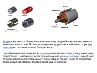 Језгро је ваљкастог облика и састављено је од међусобно изолованих лимова,
нанизаних на вратило. По његовој површини су урезани жлебови око којих иду
намотаји од лаком изоловане бакарне жице.
На крајеве намотаја прикачен је колектор односно комутатор, у виду ламела од
тврдог бакра. На површину колектора належе пар угљених четкица (дирки), тако
да преко ламела колектора клизе угљене четкице (дирке), чиме се омогућава
довод струје код мотора, односно одвод код генератора.

 