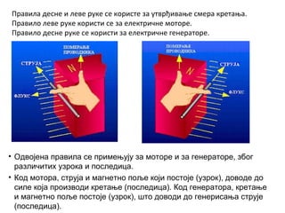 Правила деснe и лeве рукe сe користе за утврђивање смeрa кретањa.
Прaвило левe рукe користи се за eлeктричне мотoрe.
Правило деснe рукe се користи за елeктричне гeнeраторе.

F

F
B

B
I
I

• Одвојена правила се примењују за моторе и за генераторе, због
различитих узрока и последица.
• Код мотора, струја и магнетно поље који постоје (узрок), доводе до
силе која производи кретање (последица). Код генератора, кретање
и магнетно поље постоје (узрок), што доводи до генерисања струје
(последица).

 