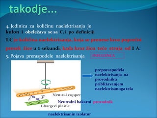 4. Jedinica  za  količinu  naelektrisanja  je  kulon  i  obeležava  se sa  C, i  po  definiciji  1  C  je količina naelektrisanja, koja se prenese kroz poprečni presek  žice  u   1  sekundi , kada kroz žicu  teče  struja  od  1   A . 5. Pojava  preraspodele  naelektrisanja   Neutralni bakarni  provodnik naelektrisanin izolator INFLUENCA preporaspodela  naelektrisanja  na provodniku približavanjem naelektrisanoga tela 