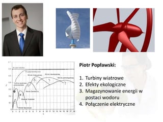 Piotr Popławski:

1. Turbiny wiatrowe
2. Efekty ekologiczne
3. Magazynowanie energii w
   postaci wodoru
4. Połączenie elektryczne
 