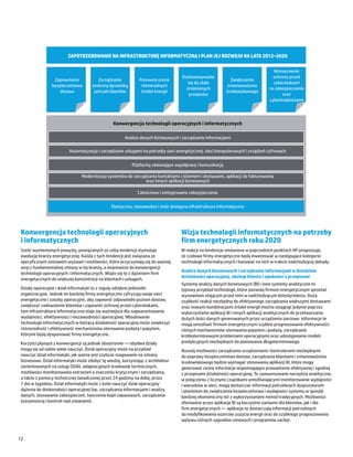 ZAPOTRZEBOWANIE NA INFRASTRUKTURĘ INFORMATYCZNĄ I PLAN JEJ ROZWOJU NA LATA 2012–2020

                                                                                                                                 Wzmocnienie
                                                                                    Dostosowywanie                               ochrony przed
                  Zapewnianie            Zarządzanie          Ponowna ocena                                   Zwiększenie
                                                                                       się do stale                              cyberatakami
                 bezpieczeństwa       zmienną dynamiką         różnorodnych                                 zrównoważenia
                                                                                      zmienianych                              na zabezpieczenia
                     dostaw            potrzeb klientów        źródeł energii                              środowiskowego
                                                                                       przepisów                                     oraz
                                                                                                                               cyberkradzieżami




                                                 Konwergencja technologii operacyjnych i informatycznych

                                                      Analiza danych biznesowych i zarządzanie informacjami

                          Automatyzacja i zarządzanie usługami na potrzeby sieci energetycznej, sieci komputerowych i urządzeń cyfrowych


                                                          Platformy ułatwiające współpracę i komunikację

                                Modernizacja systemów do zarządzania kontaktami z klientem i dostawami, aplikacji do fakturowania
                                                               oraz innych aplikacji biznesowych

                                                             Całościowe i zintegrowane zabezpieczenia


                                                Elastyczna, niezawodna i stale dostępna infrastruktura informatyczna




 Konwergencja technologii operacyjnych                                             Wizja technologii informatycznych na potrzeby
 i informatycznych                                                                 firm energetycznych roku 2020
 Sześć wymienionych powyżej, powiązanych ze sobą tendencji stymuluje               W reakcji na tendencje omówione w poprzednich punktach HP prognozuje,
 ewolucję branży energetycznej. Każda z tych tendencji jest związana ze            że czołowe firmy energetyczne będą inwestować w następujące kategorie
 specyficznym zestawem wyzwań i możliwości, które przyczyniają się do ważnej,      technologii informatycznych i bazować na nich w trakcie nadchodzącej dekady.
 wręcz fundamentalnej zmiany w tej branży, a mianowicie do konwergencji
                                                                                   Analiza danych biznesowych i zarządzanie informacjami w dziedzinie
 technologii operacyjnych i informatycznych. Wiąże się to z dążeniem firm
                                                                                   działalności operacyjnej, obsługi klienta i zgodności z przepisami
 energetycznych do większej koncentracji na klientach i usługach.
                                                                                   Systemy analizy danych biznesowych (BI) i inne systemy analityczne to
 Działy operacyjne i dział informatyki to z reguły odrębne jednostki               typowy przykład technologii, które pozwolą firmom energetycznym sprostać
 organizacyjne. Jednak im bardziej firmy energetyczne cyfryzują swoje sieci        wyzwaniom stojącym przed nimi w nadchodzącym dziesięcioleciu. Dużą
 energetyczne i zasoby operacyjne, aby zapewnić odpowiedni poziom dostaw,          szybkość reakcji niezbędną do efektywnego zarządzania większymi dostawami
 zwiększyć zadowolenie klientów i zapewnić ochronę przed cyberatakami,             oraz nowymi kombinacjami źródeł energii można osiągnąć jedynie poprzez
 tym infrastruktura informatyczna staje się ważniejsza dla zagwarantowania         wykorzystanie aplikacji BI i innych aplikacji analitycznych do przetwarzania
 wydajności, efektywności i niezawodności operacyjnej. Wbudowanie                  dużych ilości danych generowanych przez urządzenia sieciowe. Informacje te
 technologii informatycznych w bieżącą działalność operacyjną może zwiększyć       mogą umożliwić firmom energetycznym szybkie prognozowanie efektywności
 różnorodność i efektywność mechanizmów sterowania podażą i popytem,               różnych mechanizmów sterowania popytem i podażą, zarządzanie
 którymi będą dysponować firmy energetyczne.                                       krótkoterminowymi problemami operacyjnymi oraz udostępnianie modeli
 Korzyści płynące z konwergencji są jednak obustronne ― obydwa działy              predykcyjnych niezbędnych do planowania długoterminowego.
 mogą się od siebie wiele nauczyć. Dział operacyjny może na przykład               Rozwój możliwości zarządzania urządzeniami i kontrolerami niezbędnymi
 nauczyć dział informatyki, jak ważne jest szybsze reagowanie na zmiany            do poprawy bezpieczeństwa dostaw, zarządzania klientami i zrównoważenia
 biznesowe. Dział informatyki może zdobyć tę wiedzę, korzystając z architektur     środowiskowego będzie wymagać stosowania aplikacji BI, które mogą
 zorientowanych na usługi (SOA), adaptacyjnych środowisk technicznych,             generować cenne informacje wspomagające prowadzenie efektywnej i zgodnej
 możliwości monitorowania ostrzeżeń o znaczeniu krytycznym i zarządzania,          z przepisami działalności operacyjnej. Te zaawansowane narzędzia analityczne,
 a także z pomocy technicznej świadczonej przez 24 godziny na dobę, przez          w połączeniu z licznymi czujnikami umożliwiającymi monitorowanie wydajności
 7 dni w tygodniu. Dział informatyki może z kolei nauczyć dział operacyjny         i warunków w sieci, mogą dostarczać informacji potrzebnych dyspozytorom
 dążenia do doskonałości operacyjnej (np. zarządzania informacjami i analizy       i planistom do zwiększenia bezpieczeństwa i wydajności systemu w sposób
 danych, stosowania zabezpieczeń, tworzenia kopii zapasowych, zarządzania          bardziej ekonomiczny niż z wykorzystaniem metod tradycyjnych. Możliwości
 tożsamością i kontroli nad zmianami).                                             oferowane przez aplikacje BI są korzystne zarówno dla klientów, jak i dla
                                                                                   firm energetycznych ― aplikacje te dostarczają informacji potrzebnych
                                                                                   do modyfikowania wzorców zużycia energii oraz do szybkiego prognozowania
                                                                                   wpływu różnych sygnałów cenowych i programów zachęt.



12
 