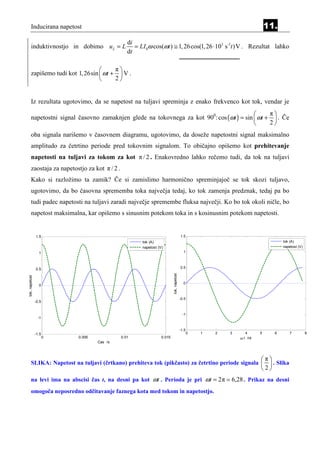 Inducirana napetost                                                                                                      11.
                                                  di
       induktivnostjo in dobimo u L = L              = LI 0ω cos(ωt ) ≅ 1, 26 cos(1, 26 ⋅103 s -1t )V . Rezultat lahko
                                                  dt

                                       π
       zapišemo tudi kot 1, 26sin  ωt +  V .
                                       2


       Iz rezultata ugotovimo, da se napetost na tuljavi spreminja z enako frekvenco kot tok, vendar je
                                                                                               π
       napetostni signal časovno zamaknjen glede na tokovnega za kot 900: cos (ωt ) = sin  ωt +  . Če
                                                                                               2
       oba signala narišemo v časovnem diagramu, ugotovimo, da doseže napetostni signal maksimalno
       amplitudo za četrtino periode pred tokovnim signalom. To običajno opišemo kot prehitevanje
       napetosti na tuljavi za tokom za kot π / 2 . Enakovredno lahko rečemo tudi, da tok na tuljavi
       zaostaja za napetostjo za kot π / 2 .
       Kako si razložimo ta zamik? Če si zamislimo harmonično spreminjajoč se tok skozi tuljavo,
       ugotovimo, da bo časovna sprememba toka največja tedaj, ko tok zamenja predznak, tedaj pa bo
       tudi padec napetosti na tuljavi zaradi največje spremembe fluksa največji. Ko bo tok okoli ničle, bo
       napetost maksimalna, kar opišemo s sinusnim potekom toka in s kosinusnim potekom napetosti.


                1.5                                                                        1.5
                                                        tok (A)                                                                       tok (A)
                                                        napetost (V)                                                                  napetost (V)
                  1                                                                          1



                0.5                                                                        0.5
                                                                           tok, napetost
tok, napetost




                                                                                             0
                  0


                                                                                           -0.5
                -0.5


                                                                                            -1
                 -1


                                                                                           -1.5
                -1.5                                                                              0   1   2   3      4      5     6       7          8
                       0   0.005               0.01                0.015                                          ω t /rd
                                   Cas /s



                                                                                                                            π
       SLIKA: Napetost na tuljavi (črtkano) prehiteva tok (pikčasto) za četrtino periode signala   . Slika
                                                                                                                            2
       na levi ima na abscisi čas t, na desni pa kot ωt . Perioda je pri ωt = 2π ≃ 6,28 . Prikaz na desni
       omogoča neposredno odčitavanje faznega kota med tokom in napetostjo.
 