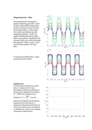 -4
                                                                    x 10
                                                               2
Magnetni pretok – fluks
                                                              1.5
Ker predpostavimo homogenost
gostote magnetnega pretoka v jedru,                            1
je fluks enak produktu magnetnega
pretoka in preseka, torej je časovno                          0.5




                                          Fluks /Wb
spreminjanje fluksa v jedru enako
                                                               0
časovnemu spreminjanju gostote
magnetnega pretoka v jedru. Pri                         -0.5
majhnih amplitudah toka je signal
fluksa enak signalu vzbujalnega toka                           -1

(sinusne oblike), pri večjih pa postaja
                                                        -1.5
bolj popačene oblike, ki gre v smeri
pravokotnega signala, kot kažjo                                -2
                                                                 0          0.05       0.1    0.15    0.2    0.25    0.3     0.35     0.4   0.45   0.5
slike.                                                                                                      Cas /s
                                                                           -4
                                                                    x 10
                                                               3



                                                               2
V nasičenju je oblika fluksa v jedru
skoraj pravokotne oblike.
                                                               1
                                                  Fluks /Wb




                                                               0



                                                               -1



                                                               -2



                                                               -3
                                                                    0       0.05       0.1    0.15    0.2    0.25    0.3     0.35     0.4   0.45   0.5
                                                                                                            Cas /s

Induktivnost
Vzemimo primer jedra brez zračne
                                                              0.8
reže in z zračno režo 0,5 mm.
Primerjamo induktivnost določeno z                            0.7
linearizacijo magnetilne krivulje pri
H = 1000 A/m in induktivnost,                                 0.6

                  NΦ
določeno iz L =       . V prvem
                  Ι
                                                              0.5
                                             L /H




primeru bo induktivnost konstantna                            0.4
(zgornja črta na sliki desno) , v
drugem pa nelinearna (polna črta). Z                          0.3

vstavitvijo zračne reže se zmanjša B
                                                              0.2
in induktivnost. Zračna reža zmanjša
nelinearnost induktivnosti.                                   0.1


                                                               0
                                                                    0           1000   2000    3000     4000    5000       6000     7000    8000   9000
                                                                                                          H / A/m
 