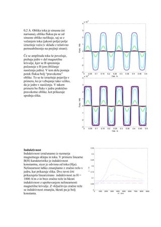 -4
                                                            x 10
                                                       4


0,2 A. Oblika toka je sinusna (ni                      3

narisana), oblika fluksa pa se od
sinusne oblike razlikuje, saj se z                     2

večanjem toka (jakosti polja) polje
                                                       1




                                           Fluks /Wb
izraziteje veča (v skladu z relativno
permeabilnostjo na prejšnji strani).
                                                       0

Če se amplituda toka še povečuje,
                                                       -1
prehaja jedro v del magnetilne
krivulje, kjer se B spreminja
                                                       -2
počasneje s H-jem (bližanje
nasičenju jedra). V tem delu postaja
                                                       -3
potek fluksa bolj “pravokotne”                              0     0.05
                                                                 -4
                                                                                     0.1     0.15      0.2     0.25     0.3    0.35         0.4      0.45     0.5
                                                             x 10                                             Cas /s
oblike. To se še izraziteje pojavlja v                 4
primeru, ko je vzbujanje tako veliko,
da je jedro v nasičenju. V takem                       3

primeru bo fluks v jedru praktično
pravokotne oblike, kot prikazuje                       2

spodnja slika.
                                                       1
                                           Fluks /Wb




                                                       0


                                                       -1


                                                       -2


                                                       -3
                                                            0      0.05              0.1     0.15      0.2      0.25    0.3        0.35     0.4      0.45     0.5
                                                                                                               Cas /s




                                                                          0.35
Induktivnost
Induktivnost izračunamo iz razmerja                                        0.3

magnetnega sklepa in toka. V primeru linearne
                                                                          0.25
B(H) karakteristike je induktivnost
konstantna, sicer je odvisna od toka (Hja).                                0.2
Nelinearnost lahko zmanjšamo z zračno režo v
                                                                   L /H




jedru, kar prikazuje slika. Dve ravni črti                                0.15

prikazujeta linearizirano induktivnost za H =
                                                                           0.1
1000 A/m z in brez zračne reže in hkrati
induktivnost z upoštevanjem nelinearnosti                                 0.05
magnetilne krivulje. Z vključitvijo zračne reže
se induktivnost zmanjša, hkrati pa je bolj                                  0
                                                                                 0         1000     2000     3000   4000    5000     6000     7000     8000    9000
konstanta.                                                                                                            H / A/m
 