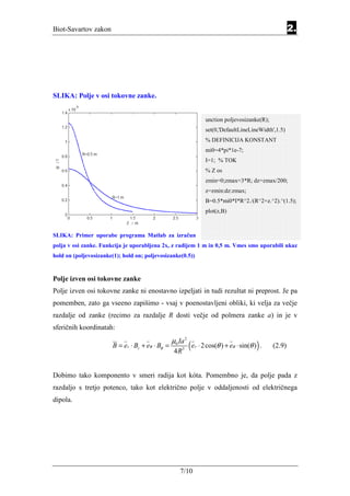 Biot-Savartov zakon                                                                                         2.




SLIKA: Polje v osi tokovne zanke.


                                                                       unction poljevosizanke(R);
                                                                       set(0,'DefaultLineLineWidth',1.5)
                                                                       % DEFINICIJA KONSTANT
                                                                       mi0=4*pi*1e-7;
                                                                       I=1; % TOK
                                                                       % Z os
                                                                       zmin=0;zmax=3*R; dz=zmax/200;
                                                                       z=zmin:dz:zmax;
                                                                       B=0.5*mi0*I*R^2./(R^2+z.^2).^(1.5);
                                                                       plot(z,B)



SLIKA: Primer uporabe programa Matlab za izračun
polja v osi zanke. Funkcija je uporabljena 2x, z radijem 1 m in 0,5 m. Vmes smo uporabili ukaz
hold on (poljevosizanke(1); hold on; poljevosizanke(0.5))


Polje izven osi tokovne zanke
Polje izven osi tokovne zanke ni enostavno izpeljati in tudi rezultat ni preprost. Je pa
pomemben, zato ga vseeno zapišimo - vsaj v poenostavljeni obliki, ki velja za večje
razdalje od zanke (recimo za razdalje R dosti večje od polmera zanke a) in je v
sferičnih koordinatah:
                                                 µ0 Ia 2
                       B = er ⋅ Br + eθ ⋅ Bθ =
                                                  4 R3
                                                           (e   r                            )
                                                                    ⋅ 2 cos(θ ) + eθ ⋅ sin(θ ) .    (2.9)



Dobimo tako komponento v smeri radija kot kóta. Pomembno je, da polje pada z
razdaljo s tretjo potenco, tako kot električno polje v oddaljenosti od električnega
dipola.




                                                    7/10
 
