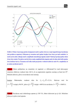 Izmenični signali, moč                                                                                       19.


                                               KAPACITIVNI KARAKTER
             1
                                                                                          tok
                                                                                          napetost
           0.8                                                                            moc


           0.6


           0.4


           0.2
                                                                                             P

             0


           -0.2


           -0.4


           -0.6
                      P =0.12361
           -0.8       Q =-0.38042
                      S =0.4
             -1
                  0            1       2           3           4           5          6              7




SLIKA: Primer časovnega poteka komponent moči (s polno črto) na vezju kapacitivnega karakterja
(tok prehiteva napetost). Prikazana je trenutna moč (polna krepka črna črta), pa tudi razdelitev te
moči na dva dela: nihanje moči z amplitudo izmeničnega signala enaki P okoli povprečja (polna rdeča
črta), ki je enako P in jalova moč Q, ki je enaka amplitudi dela signala moči, ki niha okoli ničle (polna
črta turkizne barve). Trenutna moč niha okoli povprečne vrednosti (delovne moči P) z amplitudo, ki
je enaka navidezni moči S.


Primer: Motor priključimo na izmeničen vir napetosti u = 400sin(ωt ) V in med delovanjem
izmerimo efektivno vrednost toka 3,68 A, ki za napetostnim signalom zaostaja za fazni kot 250.
Določite delovno, jalovo in navidezno moč motorja.


Izračun:          Maksimalna        vrednost     toka     bo       I m = I ef 2 = 5, 2 A .       Delovna   moč   bo

     I mU m                            I U                                   I U
P=          cos(ϕ ) ≅ 961W , jalova Q = m m sin(ϕ ) ≈ 448VAr in navidezna S = m m = 1060VA .
        2                                2                                     2




Primer: Navidezna moč električnega aparata je 550 VA, faktor delavnosti pa je 0,8. Določimo
delavno in jalovo moč aparata.


                                                        3/7
 