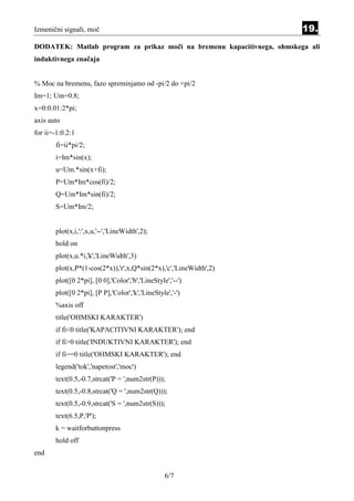 Izmenični signali, moč                                                  19.
DODATEK: Matlab program za prikaz moči na bremenu kapacitivnega, ohmskega ali
induktivnega značaja


% Moc na bremenu, fazo spreminjamo od -pi/2 do +pi/2
Im=1; Um=0.8;
x=0:0.01:2*pi;
axis auto
for ii=-1:0.2:1
       fi=ii*pi/2;
       i=Im*sin(x);
       u=Um.*sin(x+fi);
       P=Um*Im*cos(fi)/2;
       Q=Um*Im*sin(fi)/2;
       S=Um*Im/2;


       plot(x,i,':',x,u,'--','LineWidth',2);
       hold on
       plot(x,u.*i,'k','LineWidth',3)
       plot(x,P*(1-cos(2*x)),'r',x,Q*sin(2*x),'c','LineWidth',2)
       plot([0 2*pi], [0 0],'Color','b','LineStyle','--')
       plot([0 2*pi], [P P],'Color','k','LineStyle','-')
       %axis off
       title('OHMSKI KARAKTER')
       if fi<0 title('KAPACITIVNI KARAKTER'); end
       if fi>0 title('INDUKTIVNI KARAKTER'); end
       if fi==0 title('OHMSKI KARAKTER'); end
       legend('tok','napetost','moc')
       text(0.5,-0.7,strcat('P = ',num2str(P)));
       text(0.5,-0.8,strcat('Q = ',num2str(Q)));
       text(0.5,-0.9,strcat('S = ',num2str(S)));
       text(6.5,P,'P');
       k = waitforbuttonpress
       hold off
end


                                                  6/7
 