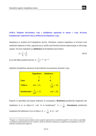 Izmenični signali, kompleksni račun                                                                            20.




SLIKA: Poljubno (dvovhodno) vezje s priključeno napetostjo in tokom v vezje. Kvocient
kompleksorjev napetosti in toka je definiran kot impedanca vezja.


Impedanca je izražena kot kompleksno število. Absolutna vrednost impedance je kvocient med
amplitudo napetosti in toka, argument pa je razlika med faznima kotoma napetostnega in tokovnega
signala. Inverzna impedanci je admitanca ali kompleksna prevodnost
                   1 I
              Y=    = ,                                                                                        (20.9)
                   Z U
                                            1 − jϕ
ki jo tudi lahko predstavimo kot Y =          e = Ye − jϕ .
                                            Z


Zapišimo kompleksne upornosti in prevodnosti za posamezne elemente vezja

                                   Impedanca         Admitanca
                                            Z                 Y
                 Upor                       R                 G
                                                                  1
                 Tuljava            jω L = jX L                       = jBL
                                                               jω L
                                     1
                 Kondenzator            = jX C                 jωC = jBC
                                    jωC


Pogosto se uporablja tudi pojma reaktanca in susceptanca. Reaktanca predstavlja imaginarni del
                                                                                   1
impedance in je za tuljavo X L = ω L in za kondenzator† X C = −                        . Susceptanca predstavlja
                                                                                 ωC
                                                          1
imaginarni del admitance in je za tuljavo BL = −              in BC = ωC .
                                                         ωL


†
  Pogosto se v literaturi pojem reaktance enači s pojmom upornosti pri izmeničnih signalih. V tem smislu se uporablja
za reaktanco kondezatorja pozitivno vrednost. Glede na definicijo (reaktanca je imaginarni del impedance), mora biti
reaktanca kondenzatorja negativna.


                                                    12/15
 