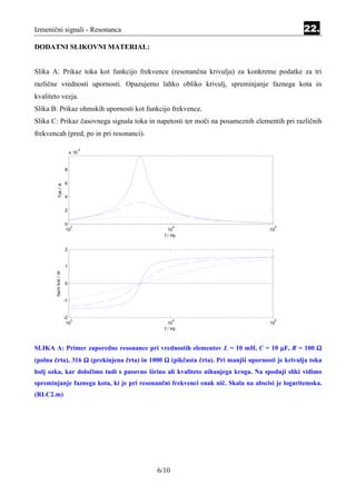 Izmenični signali - Resonanca                                                                  22.
DODATNI SLIKOVNI MATERIAL:


Slika A: Prikaz toka kot funkcijo frekvence (resonančna krivulja) za konkretne podatke za tri
različne vrednosti upornosti. Opazujemo lahko obliko krivulj, spreminjanje faznega kota in
kvaliteto vezja.
Slika B: Prikaz ohmskih upornosti kot funkcijo frekvence.
Slika C: Prikaz časovnega signala toka in napetosti ter moči na posameznih elementih pri različnih
frekvencah (pred, po in pri resonanci).

                                 -3
                              x 10


                         8


                         6
            Tok / A




                         4


                         2


                         0
                           3                      4                                  5
                         10                     10                                 10
                                              f / Hz


                         2


                         1
        fazni kot / rd




                         0


                         -1


                         -2
                            3                     4                                  5
                          10                    10                                 10
                                              f / Hz



SLIKA A: Primer zaporedne resonance pri vrednostih elementov L = 10 mH, C = 10 µF, R = 100 Ω
(polna črta), 316 Ω (prekinjena črta) in 1000 Ω (pikčasta črta). Pri manjši upornosti je krivulja toka
bolj ozka, kar določimo tudi s pasovno širino ali kvaliteto nihanjega kroga. Na spodnji sliki vidimo
spreminjanje faznega kota, ki je pri resonančni frekvenci enak nič. Skala na abscisi je logaritemska.
(RLC2.m)




                                           6/10
 