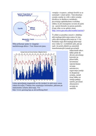 vstopijo v ta pasov, začnejo krožiti se se
                                                   usmerjati v smeri polov. Tam dosežejo
                                                   ozračje zemlje in s trki z delci ozračja
                                                   (kisikove in dušikove molekule)
                                                   povzročajo spektakularne svetlobne
                                                   efekte, ki jih imenujemo severni ali južni
                                                   sij : aurora borealis in aurora australis.
                                                   (Lepe slike so na spletni strani
                                                   http://www.geo.mtu.edu/weather/aurora/)
                                                   .
                                                   Ti efekti so posebno izraziti v obdobju
                                                   aktivnejšega delovanja sonca, ki ima
                                                   cikle aktivnejšega delovanja na 11 let.
                                                   Posledice tega aktivnejšega delovanja
Slika prikazuje ujetje in vijuganje                niso vidne le v svetlobnih sijih, pač pa
naelektrenega delca v Van Alenovem pasu.           tudi v kvarnih efektih na omrežnih
                                                   transformatorjih (zaradi povečanih
                                                                            induciranih tokov
                                                                            lahko pride do
                                                                            okvar), povečanja
                                                                            korozije na
                                                                            plinovodih,
                                                                            nevarnemu
                                                                            izpostavljanju
                                                                            sevanja
                                                                            astronavtov,
                                                                            segrevanju zemlje
                                                                            in ekspanziji
                                                                            ozračja, zaradi
                                                                            česar lahko na
                                                                            zemljo padejo
                                                                            sateliti, povečani
Letna spremljanja magnetnih neviht (stolpci) in aktivnost sonca             obremenitvi
(rdeča krivulja). Črtkane črte označujejo minimalno, pikčaste pa            sevanja na
maksimalno solarno delovanje. Vir:                                          satelitih.
http://www.geomag.bgs.ac.uk/earthmag.html
 