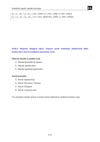 Izmenični signali, metode reševanja                                                    23.

U 1 = I 1 ⋅ jX L1 + I 2 ⋅ jX M = 10A ⋅ j10 + (2 + j 5)A ⋅ j 24 = (−120 + j148) A
U 2 = I 2 ⋅ jX L 2 + I 2 ⋅ jX M = (2 + j 5)A ⋅ j 90 +10A ⋅ j 24 + = (−450 + j 420) A




SLIKA: Magnetno sklopljeni tuljavi. Napetost zaradi medsebojne induktivnosti lahko
predstavimo s tokovno krmiljenim napetostnim virom.


Osnovne metode za analizo vezij:
   1) Metoda Kirchoffovih zakonov
   2) Metoda zančnih tokov
   3) Metoda spojiščnih potencialov


Stavki (teoremi):
   1) Stavek superpozicije
   2) Stavek Thevenina / Nortona
   3) Stavek Tellegena
   4) Stavek o največji moči


Vse omenjene metode analize in stavkov bomo prikazali na sledečem primeru vezja.




                                                 2/12
 