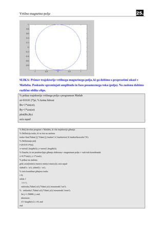 Vrtilno magnetno polje                                                                      25.




SLIKA: Primer trajektorije vrtilnega magnetnega polja, ki ga dobimo s preprostimi ukazi v
Matlabu. Poskusite spreminjati amplitudo in fazo posameznega toka (polja). Na zaslonu dobimo
različne oblike elips.
% prikaz trajektorije vrtilnega polja s programom Matlab
ot=0:0.01:2*pi; % kotna hitrost
Bx=1*sin(ot);
By=1*cos(ot)
plot(Bx,By)
axis equal


% Bolj dovršen program v Matlabu, ki riše trajektorijo gibanja:
% Definicija tocke, ki se rise na zaslonu
tocka=line('Xdata',[],'Ydata',[],'marker','o','markersize',8,'markerfacecolor','b');
% Definiranje polj
t=[0:0.01:4*pi];
x=zeros(1,length(t)); y=zeros(1,length(t));
% Enacbe, ki mi predstavljajo gibanje elektrona v magnetnem polju v vseh treh koordinatah
x=0.5*sin(t); y=1*cos(t);
% prikaz na zaslonu
grid; axis([min(x) max(x) min(y) max(y)]); axis equal
xlabel('x / m'); ylabel('y / m');
% izris koordinat gibajoce tocke
i=0;
while 1
  i=i+1;
  set(tocka,'Xdata',x(i),'Ydata',y(i),'erasemode','xor');
% set(tocka1,'Xdata',x(i),'Ydata',y(i),'erasemode','none');
  for j=1:50000; j; end;
  drawnow;
  if i>length(t)-2; i=0; end
end
 