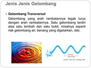 Jenis Jenis Gelombang 
 Gelombang Transversal 
Gelombang yang arah rambatannya tegak lurus 
dengan arah rambatannya. Satu gelombang terdiri 
atas satu lembah dan satu bukit, misalnya seperti 
riak gelombang air, benang yang digetarkan, dsb. 
 