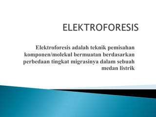 ELEKTROFORESIS Elektroforesisadalahteknikpemisahankomponen/molekulbermuatanberdasarkanperbedaantingkatmigrasinyadalamsebuahmedanlistrik 