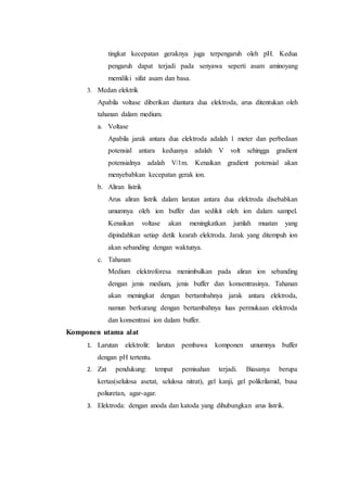 tingkat kecepatan geraknya juga terpengaruh oleh pH. Kedua
pengaruh dapat terjadi pada senyawa seperti asam aminoyang
memiliki sifat asam dan basa.
3. Medan elektrik
Apabila voltase diberikan diantara dua elektroda, arus ditentukan oleh
tahanan dalam medium.
a. Voltase
Apabila jarak antara dua elektroda adalah 1 meter dan perbedaan
potensial antara keduanya adalah V volt sehingga gradient
potensialnya adalah V/1m. Kenaikan gradient potensial akan
menyebabkan kecepatan gerak ion.
b. Aliran listrik
Arus aliran listrik dalam larutan antara dua elektroda disebabkan
umumnya oleh ion buffer dan sedikit oleh ion dalam sampel.
Kenaikan voltase akan meningkatkan jumlah muatan yang
dipindahkan setiap detik kearah elektroda. Jarak yang ditempuh ion
akan sebanding dengan waktunya.
c. Tahanan
Medium elektroforesa menimbulkan pada aliran ion sebanding
dengan jenis medium, jenis buffer dan konsentrasinya. Tahanan
akan meningkat dengan bertambahnya jarak antara elektroda,
namun berkurang dengan bertambahnya luas permukaan elektroda
dan konsentrasi ion dalam buffer.
Komponen utama alat
1. Larutan elektrolit: larutan pembawa komponen umumnya buffer
dengan pH tertentu.
2. Zat pendukung: tempat pemisahan terjadi. Biasanya berupa
kertas(selulosa asetat, selulosa nitrat), gel kanji, gel polikrilamid, busa
poliuretan, agar-agar.
3. Elektroda: dengan anoda dan katoda yang dihubungkan arus listrik.
 