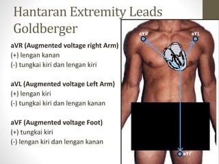Hantaran Extremity Leads
Goldberger
aVR (Augmented voltage right Arm)
(+) lengan kanan
(-) tungkai kiri dan lengan kiri
aVL (Augmented voltage Left Arm)
(+) lengan kiri
(-) tungkai kiri dan lengan kanan
aVF (Augmented voltage Foot)
(+) tungkai kiri
(-) lengan kiri dan lengan kanan
 
