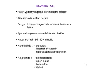 KLORIDA ( Cl )
• Anion yg banyak pada cairan ekstra seluler
• Tidak berada dalam serum
• Fungsi : keseimbangan cairan tubuh dan asam
basa.
• dgn Na berperan menentukan osmilalitas
• Kadar normal : 95 -105 mmol/L
• Hiperklorida : - dehidrasi
- kelainan metabolik
- hiperparatiroidisme primer
• Hipoklorida :

- defisiensi besi
- umur lanjut
- kehamilan
- radiasi

12

 