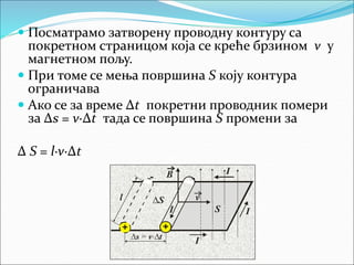 Посматрамо затворену проводну контуру са
покретном страницом која се креће брзином v у
магнетном пољу.
 При томе се мења површина S коју контура
ограничава
 Ако се за време Δt покретни проводник помери
за Δs = v·Δt тада се површина S промени за
Δ S = l·v·Δt
+
+
- -
I
I
I I
B
v
S
 ×
s v t
=
l S
 