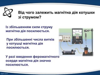 Від чого залежить магнітна дія котушки
зі струмом?
Із збільшенням сили струму
магнітна дія посилюється.
При збільшенні числа витків
у котушці магнітна дія
посилюється.
У разі введення феромагнітного
осердя магнітна дія значно
посилюється.
 