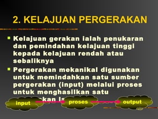 2. KELAJUAN PERGERAKAN
   Kelajuan gerakan ialah penukaran
    dan pemindahan kelajuan tinggi
    kepada kelajuan rendah atau
    sebaliknya
   Pergerakan mekanikal digunakan
    untuk memindahkan satu sumber
    pergerakan (input) melalui proses
    untuk menghasilkan satu
    pergerakan lain
                  proses        output
    input
 