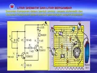 LITAR SKEMATIK DAN LITAR BERGAMBAR
Susunan komponen dalam bentuk simbol secara sistematik dan
susunan komponen dalam bentuk gambarajah secara sistematik

 