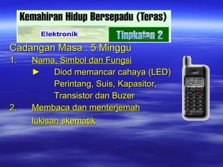 Cadangan Masa : 5 Minggu
1.

2.

Nama, Simbol dan Fungsi
►
Diod memancar cahaya (LED)
Perintang, Suis, Kapasitor,
Transistor dan Buzer
Membaca dan menterjemah
lukisan skematik

 