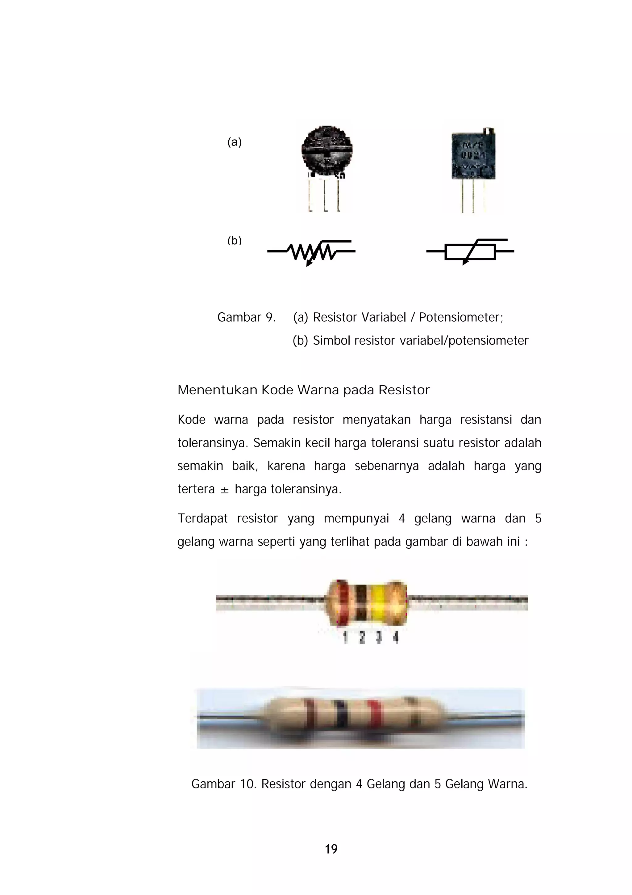 (a)




        (b)




       Gambar 9.    (a) Resistor Variabel / Potensiometer;
                    (b) Simbol resistor variabel/potensiometer


Menentukan Kode Warna pada Resistor

Kode warna pada resistor menyatakan harga resistansi dan
toleransinya. Semakin kecil harga toleransi suatu resistor adalah
semakin baik, karena harga sebenarnya adalah harga yang
tertera ± harga toleransinya.

Terdapat resistor yang mempunyai 4 gelang warna dan 5
gelang warna seperti yang terlihat pada gambar di bawah ini :




  Gambar 10. Resistor dengan 4 Gelang dan 5 Gelang Warna.




                          19
 