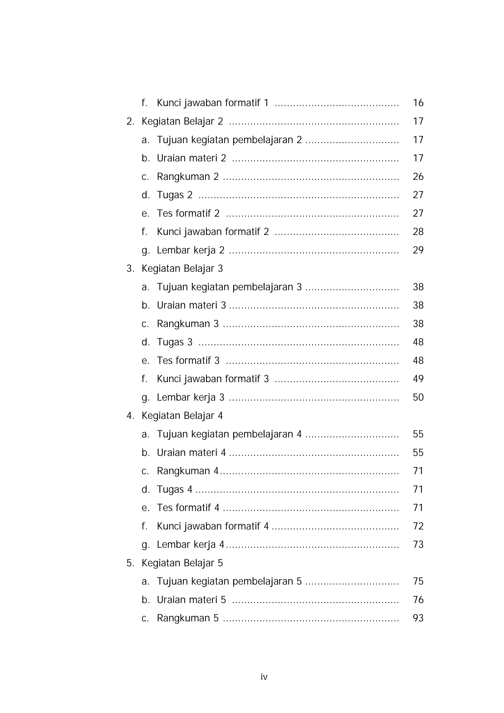 f. Kunci jawaban formatif 1 .........................................            16
2. Kegiatan Belajar 2 ........................................................       17
    a. Tujuan kegiatan pembelajaran 2 ...............................                17
    b. Uraian materi 2 .......................................................       17
    c. Rangkuman 2 ..........................................................        26
    d. Tugas 2 ..................................................................    27
    e. Tes formatif 2 .........................................................      27
    f. Kunci jawaban formatif 2 .........................................            28
    g. Lembar kerja 2 ........................................................       29
3. Kegiatan Belajar 3
    a. Tujuan kegiatan pembelajaran 3 ...............................                38
    b. Uraian materi 3 ........................................................      38
    c. Rangkuman 3 ..........................................................        38
    d. Tugas 3 ..................................................................    48
    e. Tes formatif 3 .........................................................      48
    f. Kunci jawaban formatif 3 .........................................            49
    g. Lembar kerja 3 ........................................................       50
4. Kegiatan Belajar 4
    a. Tujuan kegiatan pembelajaran 4 ...............................                55
    b. Uraian materi 4 ........................................................      55
    c. Rangkuman 4...........................................................        71
    d. Tugas 4 ...................................................................   71
    e. Tes formatif 4 ..........................................................     71
    f. Kunci jawaban formatif 4 ..........................................           72
    g. Lembar kerja 4.........................................................       73
5. Kegiatan Belajar 5
    a. Tujuan kegiatan pembelajaran 5 ...............................                75
    b. Uraian materi 5 .......................................................       76
    c. Rangkuman 5 ..........................................................        93




                                        iv
 