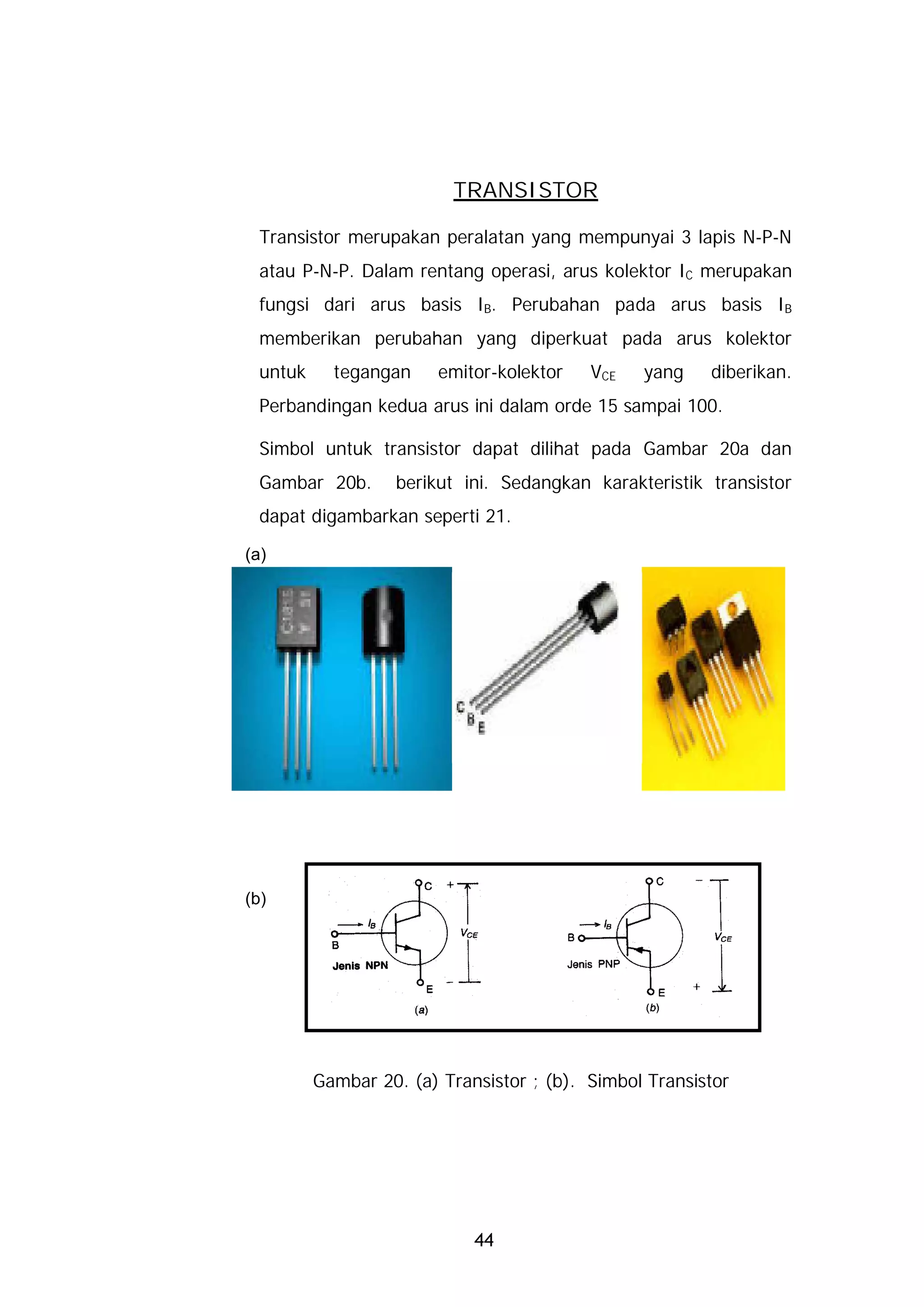 TRANSISTOR

  Transistor merupakan peralatan yang mempunyai 3 lapis N-P-N
  atau P-N-P. Dalam rentang operasi, arus kolektor IC merupakan
  fungsi dari arus basis IB. Perubahan pada arus basis IB
  memberikan perubahan yang diperkuat pada arus kolektor
  untuk     tegangan     emitor-kolektor   VCE   yang    diberikan.
  Perbandingan kedua arus ini dalam orde 15 sampai 100.

  Simbol untuk transistor dapat dilihat pada Gambar 20a dan
  Gambar 20b.      berikut ini. Sedangkan karakteristik transistor
  dapat digambarkan seperti 21.

(a)




(b)




          Gambar 20. (a) Transistor ; (b). Simbol Transistor




                             44
 