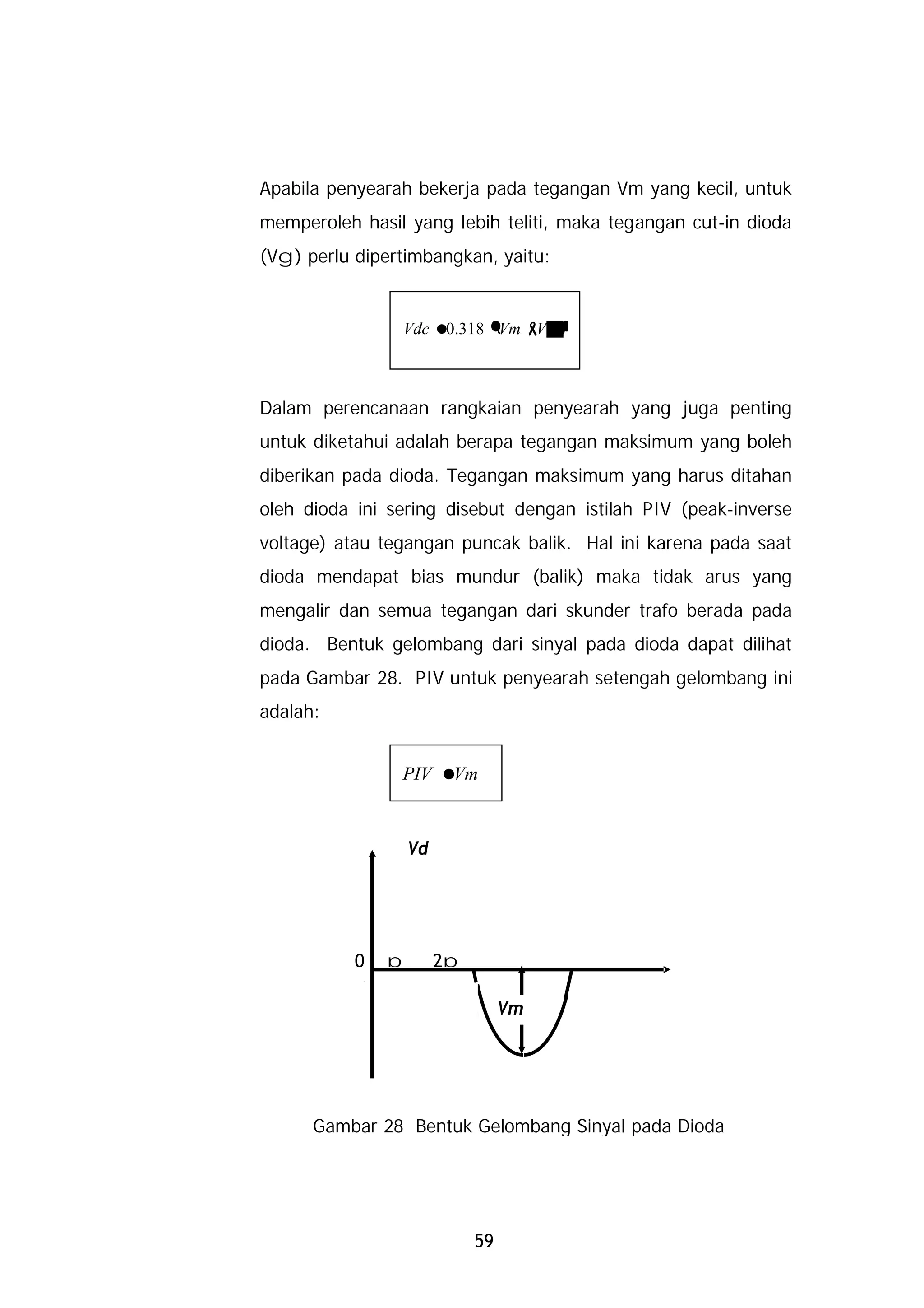 Apabila penyearah bekerja pada tegangan Vm yang kecil, untuk
memperoleh hasil yang lebih teliti, maka tegangan cut-in dioda
(Vg) perlu dipertimbangkan, yaitu:


                Vdc = .318 (Vm - g
                     0          V        )


Dalam perencanaan rangkaian penyearah yang juga penting
untuk diketahui adalah berapa tegangan maksimum yang boleh
diberikan pada dioda. Tegangan maksimum yang harus ditahan
oleh dioda ini sering disebut dengan istilah PIV (peak-inverse
voltage) atau tegangan puncak balik. Hal ini karena pada saat
dioda mendapat bias mundur (balik) maka tidak arus yang
mengalir dan semua tegangan dari skunder trafo berada pada
dioda. Bentuk gelombang dari sinyal pada dioda dapat dilihat
pada Gambar 28. PIV untuk penyearah setengah gelombang ini
adalah:


                PIV =Vm



                   Vd




           0   p        2p

                                  Vm




      Gambar 28 Bentuk Gelombang Sinyal pada Dioda




                             59
 