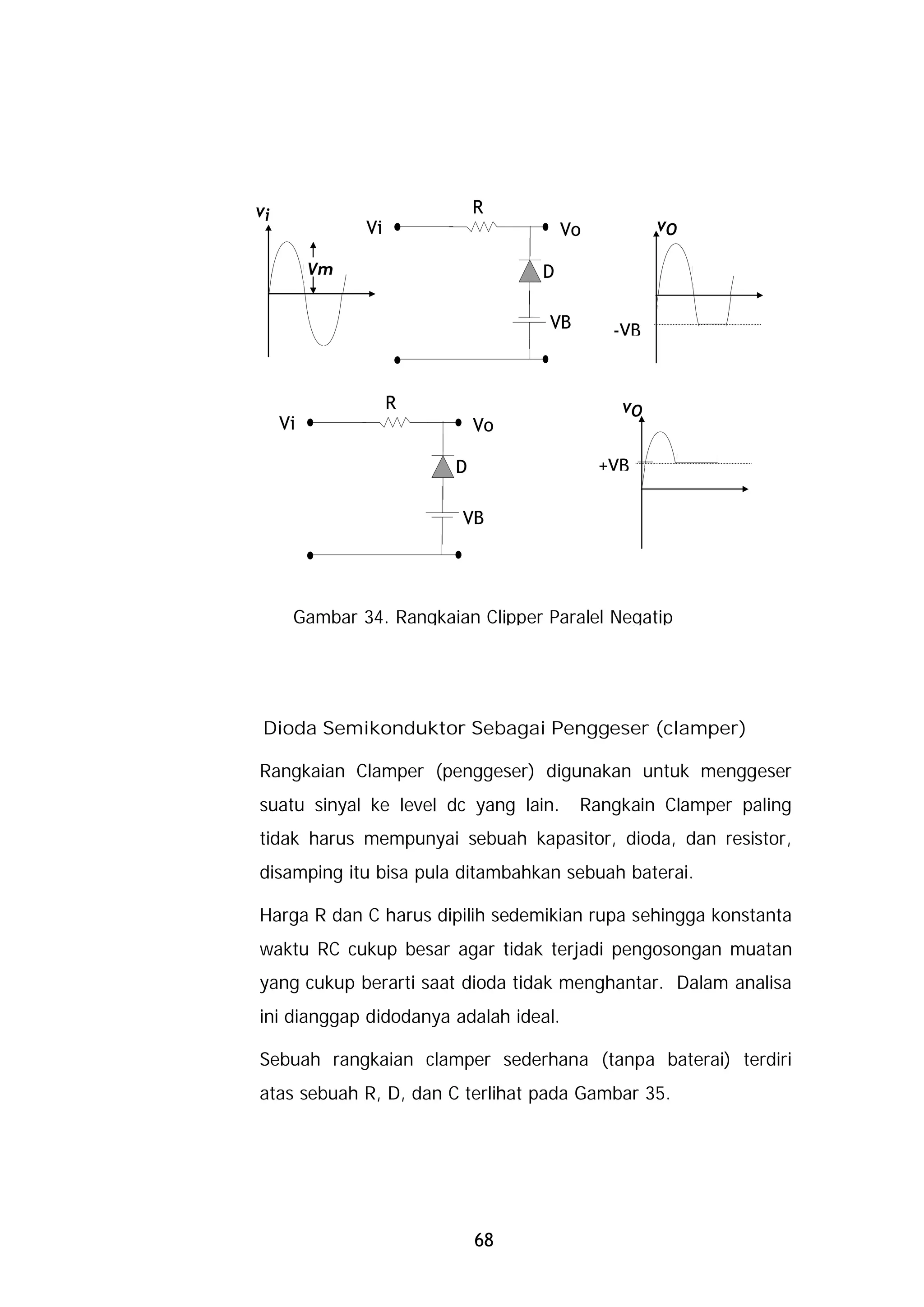 vi                          R
               Vi                     Vo          vO

          Vm                      D

                                   VB       -VB


                    R                        vO
     Vi                     Vo

                        D                  +VB

                         VB




      Gambar 34. Rangkaian Clipper Paralel Negatip




 Dioda Semikonduktor Sebagai Penggeser (clamper)

Rangkaian Clamper (penggeser) digunakan untuk menggeser
suatu sinyal ke level dc yang lain.     Rangkain Clamper paling
tidak harus mempunyai sebuah kapasitor, dioda, dan resistor,
disamping itu bisa pula ditambahkan sebuah baterai.

Harga R dan C harus dipilih sedemikian rupa sehingga konstanta
waktu RC cukup besar agar tidak terjadi pengosongan muatan
yang cukup berarti saat dioda tidak menghantar. Dalam analisa
ini dianggap didodanya adalah ideal.

Sebuah rangkaian clamper sederhana (tanpa baterai) terdiri
atas sebuah R, D, dan C terlihat pada Gambar 35.




                            68
 