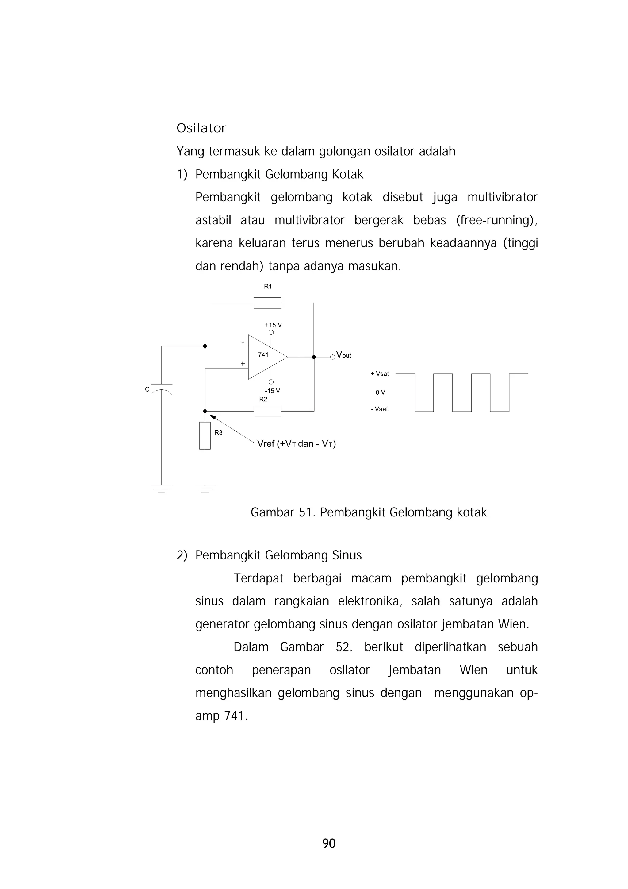 Osilator
    Yang termasuk ke dalam golongan osilator adalah
    1) Pembangkit Gelombang Kotak
       Pembangkit gelombang kotak disebut juga multivibrator
       astabil atau multivibrator bergerak bebas (free-running),
       karena keluaran terus menerus berubah keadaannya (tinggi
       dan rendah) tanpa adanya masukan.
                       R1




                        +15 V

                 -
                      741                     Vout
                 +
                                                     + Vsat

C                      -15 V                          0V
                      R2
                                                     - Vsat


          R3
                      Vref (+V T dan - V T)




                     Gambar 51. Pembangkit Gelombang kotak


    2) Pembangkit Gelombang Sinus
                Terdapat berbagai macam pembangkit gelombang
       sinus dalam rangkaian elektronika, salah satunya adalah
       generator gelombang sinus dengan osilator jembatan Wien.
                Dalam Gambar 52. berikut diperlihatkan sebuah
       contoh        penerapan           osilator             jembatan   Wien   untuk
       menghasilkan gelombang sinus dengan menggunakan op-
       amp 741.




                                       90
 