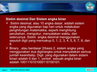 Sistim desimal Dan Sistem angka biner
 Sistim desimal, atau 10 angka dasar, adalah sistem
angka yang digunakan tiap hari untuk melakukan
penghitungan matematika, seperti menghitung
perubahan, mengukur, menyatakan waktu, dan
seterusnya. Sistim angka desimal menggunakan
sepuluh digit yang mencakup 0, 1, 2, 3, 4, 5, 6, 7, 8, dan
9.
 Binary , atau berdasar 2/basis 2, sistem angka yang
menggunakan dua digit/angka untuk menyatakan semua
jumlah kwantitatip. Digit yang digunakan dalam sistem
binari adalah 0 dan 1. contoh sebuah angka biner
adalah 1001110101000110100101.
Modul 1 Elektronika analog dan digital
 