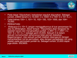 • Pada dasar 10(puluhan), kedudukan sepuluh digunakan. Sebagai
contoh, 23605 berarti 2 x 10,000+ 3 x 1000+ 6 x 100+ 0 x 10+ 5 x 1.
• Catat bahwa 100= 1, 101= 10, 102= 100, 103= 1000, dan 104=
10,000.
• PERHATIAN:
• Walaupun 0 x 10= 0, jangan meniggalkannya di luar persamaan itu.
Jika itu dihilangkan, dasar tempat 10(puluhan) akan bergeser ke
sebelah kanan dan menghasilkan jumlah 2,365= 2 x 1,000+ 3 x
100+ 6 x 10+ 5 x 1 sebagai ganti 23,605. Sebuah 0 di dalam
sebuah nomor/jumlah seharusnya tidak pernah diabaikan.
Bagaimanapun, nilai sebuah jumlah tidaklah dipengaruhi dengan
menambahkan nol ke permulaan, atau dengan pengabaian nol yang
adalah pada permulaan jumlah itu. Sebagai contoh, 23,605 dapat
juga ditulis 0023605.
Modul 1 Elektronika analog dan digital
 