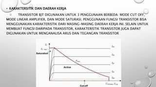 • KARAKTERSITIK DAN DAERAH KERJA
TRANSISTOR BJT DIGUNAKAN UNTUK 3 PENGGUNAAN BERBEDA: MODE CUT OFF,
MODE LINEAR AMPLIFIER, DAN MODE SATURASI. PENGGUNAAN FUNGSI TRANSISTOR BISA
MENGGUNAKAN KARAKTERISTIK DARI MASING-MASING DAERAH KERJA INI. SELAIN UNTUK
MEMBUAT FUNGSI DARIPADA TRANSISTOR, KARAKTERISTIK TRANSISTOR JUGA DAPAT
DIGUNAKAN UNTUK MENGANALISA ARUS DAN TEGANGAN TRANSISTOR
 