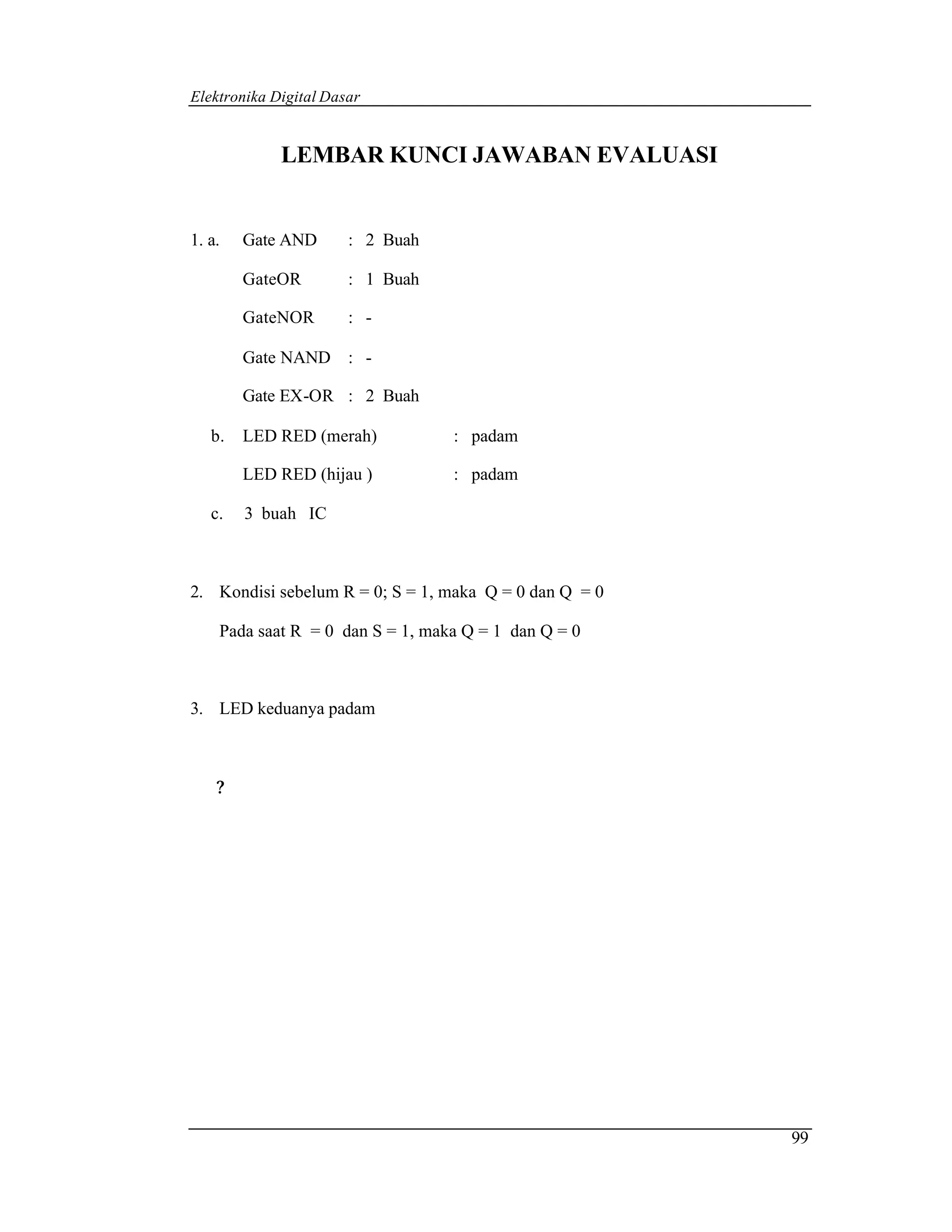 Elektronika Digital Dasar


             LEMBAR KUNCI JAWABAN EVALUASI


1. a.   Gate AND       : 2 Buah

        GateOR         : 1 Buah

        GateNOR        : -

        Gate NAND : -

        Gate EX-OR : 2 Buah

   b.   LED RED (merah)           : padam

        LED RED (hijau )          : padam

   c.   3 buah IC



2. Kondisi sebelum R = 0; S = 1, maka Q = 0 dan Q = 0

    Pada saat R = 0 dan S = 1, maka Q = 1 dan Q = 0



3. LED keduanya padam



    ?




                                                        99
 