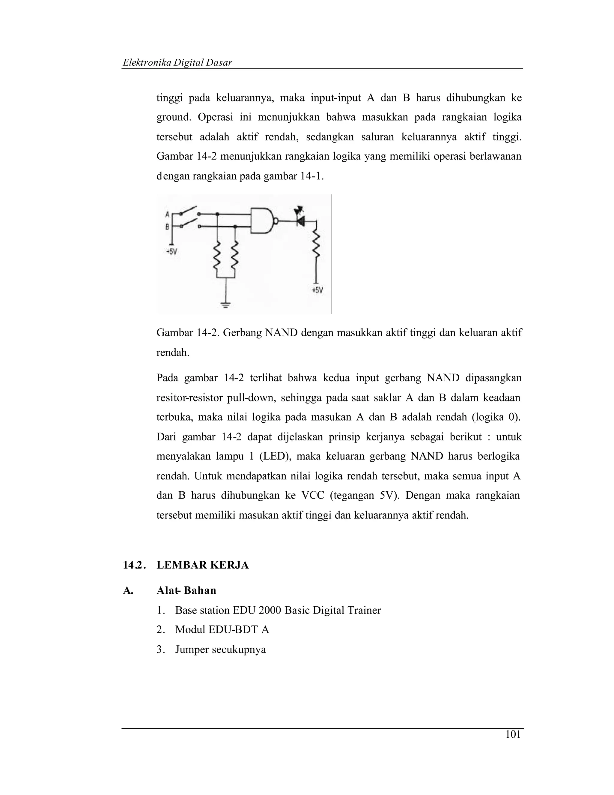 Elektronika Digital Dasar


       tinggi pada keluarannya, maka input-input A dan B harus dihubungkan ke
       ground. Operasi ini menunjukkan bahwa masukkan pada rangkaian logika
       tersebut adalah aktif rendah, sedangkan saluran keluarannya aktif tinggi.
       Gambar 14-2 menunjukkan rangkaian logika yang memiliki operasi berlawanan
       dengan rangkaian pada gambar 14-1.




       Gambar 14-2. Gerbang NAND dengan masukkan aktif tinggi dan keluaran aktif
       rendah.

       Pada gambar 14-2 terlihat bahwa kedua input gerbang NAND dipasangkan
       resitor-resistor pull-down, sehingga pada saat saklar A dan B dalam keadaan
       terbuka, maka nilai logika pada masukan A dan B adalah rendah (logika 0).
       Dari gambar 14-2 dapat dijelaskan prinsip kerjanya sebagai berikut : untuk
       menyalakan lampu 1 (LED), maka keluaran gerbang NAND harus berlogika
       rendah. Untuk mendapatkan nilai logika rendah tersebut, maka semua input A
       dan B harus dihubungkan ke VCC (tegangan 5V). Dengan maka rangkaian
       tersebut memiliki masukan aktif tinggi dan keluarannya aktif rendah.



14.2. LEMBAR KERJA

A.     Alat- Bahan
       1. Base station EDU 2000 Basic Digital Trainer
       2. Modul EDU-BDT A
       3. Jumper secukupnya




                                                                              101
 