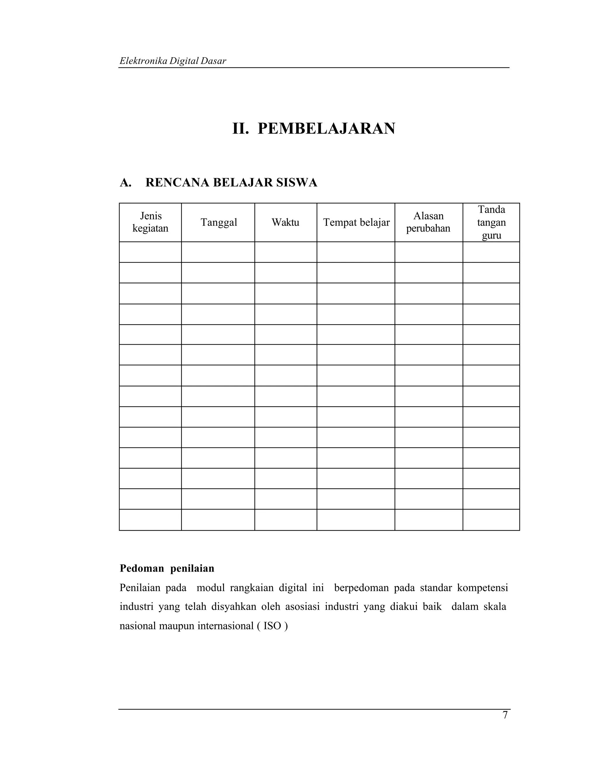 Elektronika Digital Dasar




                            II. PEMBELAJARAN


A.     RENCANA BELAJAR SISWA

                                                                          Tanda
      Jenis                                                  Alasan
                  Tanggal        Waktu    Tempat belajar                  tangan
     kegiatan                                               perubahan
                                                                           guru




Pedoman penilaian
Penilaian pada modul rangkaian digital ini berpedoman pada standar kompetensi
industri yang telah disyahkan oleh asosiasi industri yang diakui baik dalam skala
nasional maupun internasional ( ISO )




                                                                                7
 