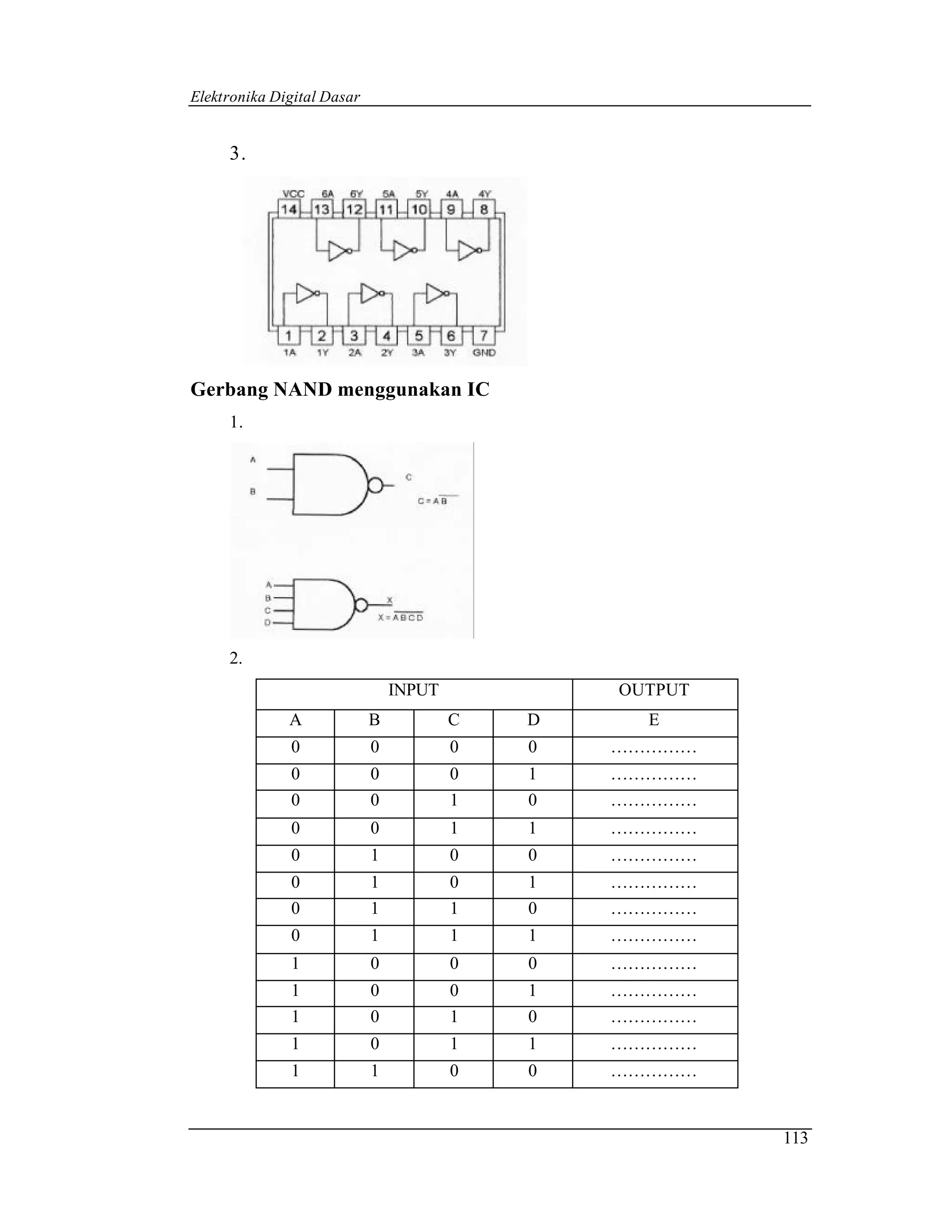 Elektronika Digital Dasar


     3.




Gerbang NAND menggunakan IC
     1.




     2.
                                INPUT           OUTPUT
              A             B           C   D     E
              0             0           0   0   ……………
              0             0           0   1   ……………
              0             0           1   0   ……………
              0             0           1   1   ……………
              0             1           0   0   ……………
              0             1           0   1   ……………
              0             1           1   0   ……………
              0             1           1   1   ……………
              1             0           0   0   ……………
              1             0           0   1   ……………
              1             0           1   0   ……………
              1             0           1   1   ……………
              1             1           0   0   ……………


                                                         113
 