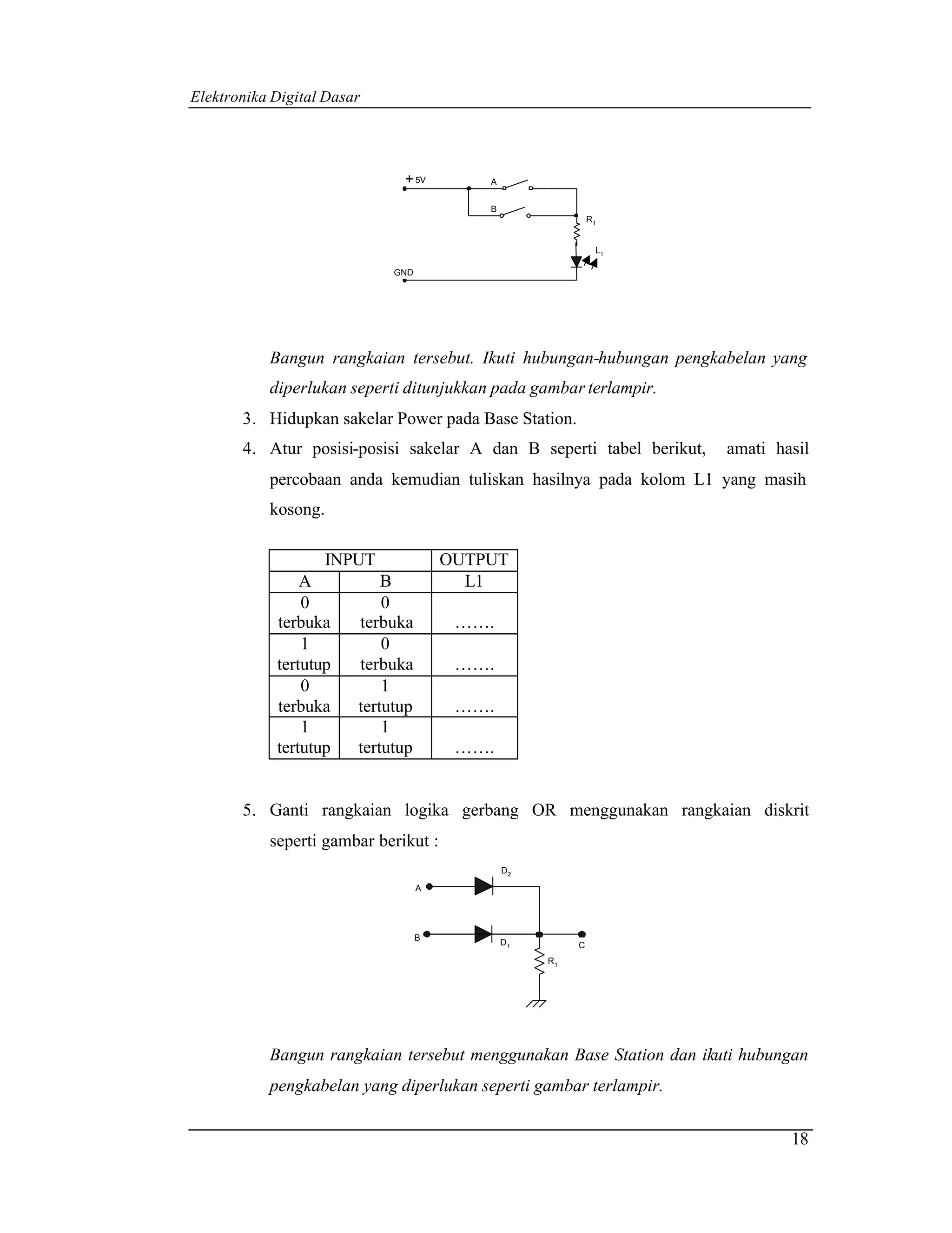 Elektronika Digital Dasar




                              + 5V         A


                                           B
                                                             R1


                                                              L1

                             GND




           Bangun rangkaian tersebut. Ikuti hubungan-hubungan pengkabelan yang
           diperlukan seperti ditunjukkan pada gambar terlampir.
       3. Hidupkan sakelar Power pada Base Station.
       4. Atur posisi-posisi sakelar A dan B seperti tabel berikut,   amati hasil
           percobaan anda kemudian tuliskan hasilnya pada kolom L1 yang masih
           kosong.

                   INPUT               OUTPUT
                A           B            L1
                0           0
            terbuka     terbuka         …….
                1           0
            tertutup    terbuka         …….
                0           1
            terbuka     tertutup        …….
                1           1
            tertutup    tertutup        …….


       5. Ganti rangkaian logika gerbang OR menggunakan rangkaian diskrit
           seperti gambar berikut :
                                               D2

                                   A




                                   B
                                               D1        C
                                                    R1




           Bangun rangkaian tersebut menggunakan Base Station dan ikuti hubungan
           pengkabelan yang diperlukan seperti gambar terlampir.


                                                                              18
 