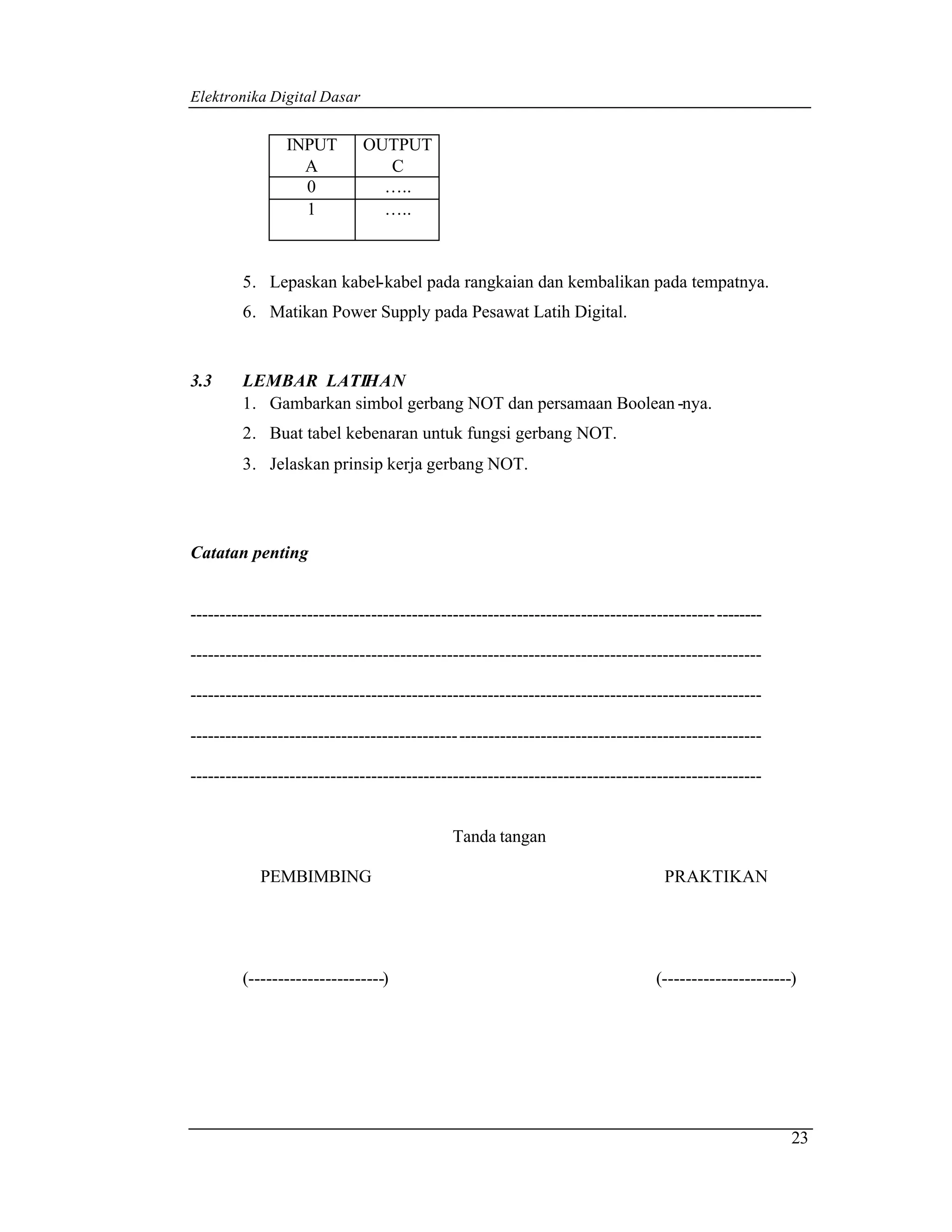 Elektronika Digital Dasar


                INPUT        OUTPUT
                  A            C
                  0            …..
                  1            …..



         5. Lepaskan kabel-kabel pada rangkaian dan kembalikan pada tempatnya.
         6. Matikan Power Supply pada Pesawat Latih Digital.


3.3      LEMBAR LATIHAN
         1. Gambarkan simbol gerbang NOT dan persamaan Boolean -nya.
         2. Buat tabel kebenaran untuk fungsi gerbang NOT.
         3. Jelaskan prinsip kerja gerbang NOT.




Catatan penting


------------------------------------------------------------------------------------------ --------

--------------------------------------------------------------------------------------------------

--------------------------------------------------------------------------------------------------

---------------------------------------------- ----------------------------------------------------

--------------------------------------------------------------------------------------------------


                                             Tanda tangan

            PEMBIMBING                                                            PRAKTIKAN




         (-----------------------)                                              (----------------------)




                                                                                                       23
 