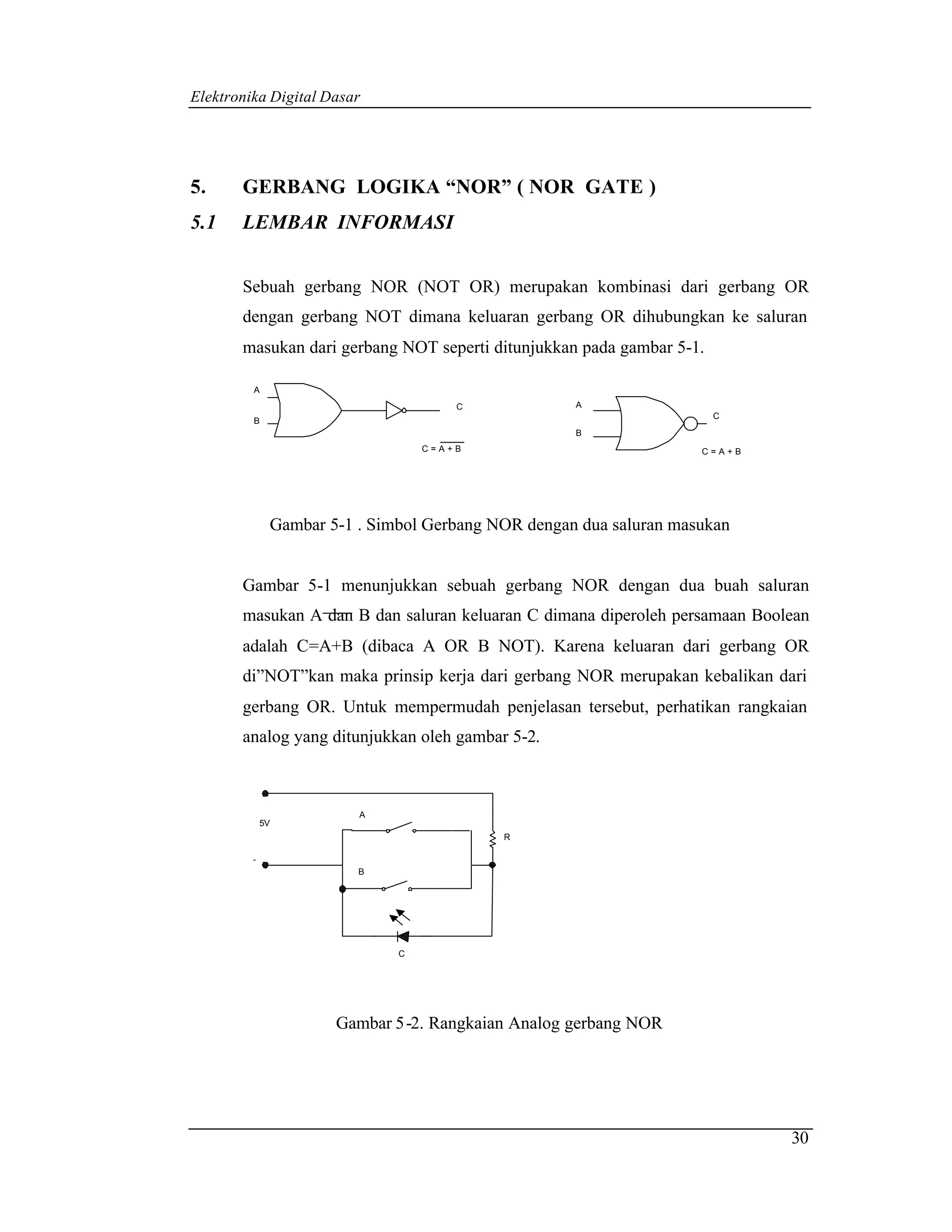 Elektronika Digital Dasar




5.     GERBANG LOGIKA “NOR” ( NOR GATE )
5.1    LEMBAR INFORMASI


       Sebuah gerbang NOR (NOT OR) merupakan kombinasi dari gerbang OR
       dengan gerbang NOT dimana keluaran gerbang OR dihubungkan ke saluran
       masukan dari gerbang NOT seperti ditunjukkan pada gambar 5-1.

         A
                                      C             A
                                                                       C
         B
                                                    B
                                  C=A+B                             C=A+B




              Gambar 5-1 . Simbol Gerbang NOR dengan dua saluran masukan


       Gambar 5-1 menunjukkan sebuah gerbang NOR dengan dua buah saluran
       masukan A dan B dan saluran keluaran C dimana diperoleh persamaan Boolean
       adalah C=A+B (dibaca A OR B NOT). Karena keluaran dari gerbang OR
       di”NOT”kan maka prinsip kerja dari gerbang NOR merupakan kebalikan dari
       gerbang OR. Untuk mempermudah penjelasan tersebut, perhatikan rangkaian
       analog yang ditunjukkan oleh gambar 5-2.



                         A
             5V
                                           R

         -
                         B




                              C




                      Gambar 5-2. Rangkaian Analog gerbang NOR




                                                                             30
 