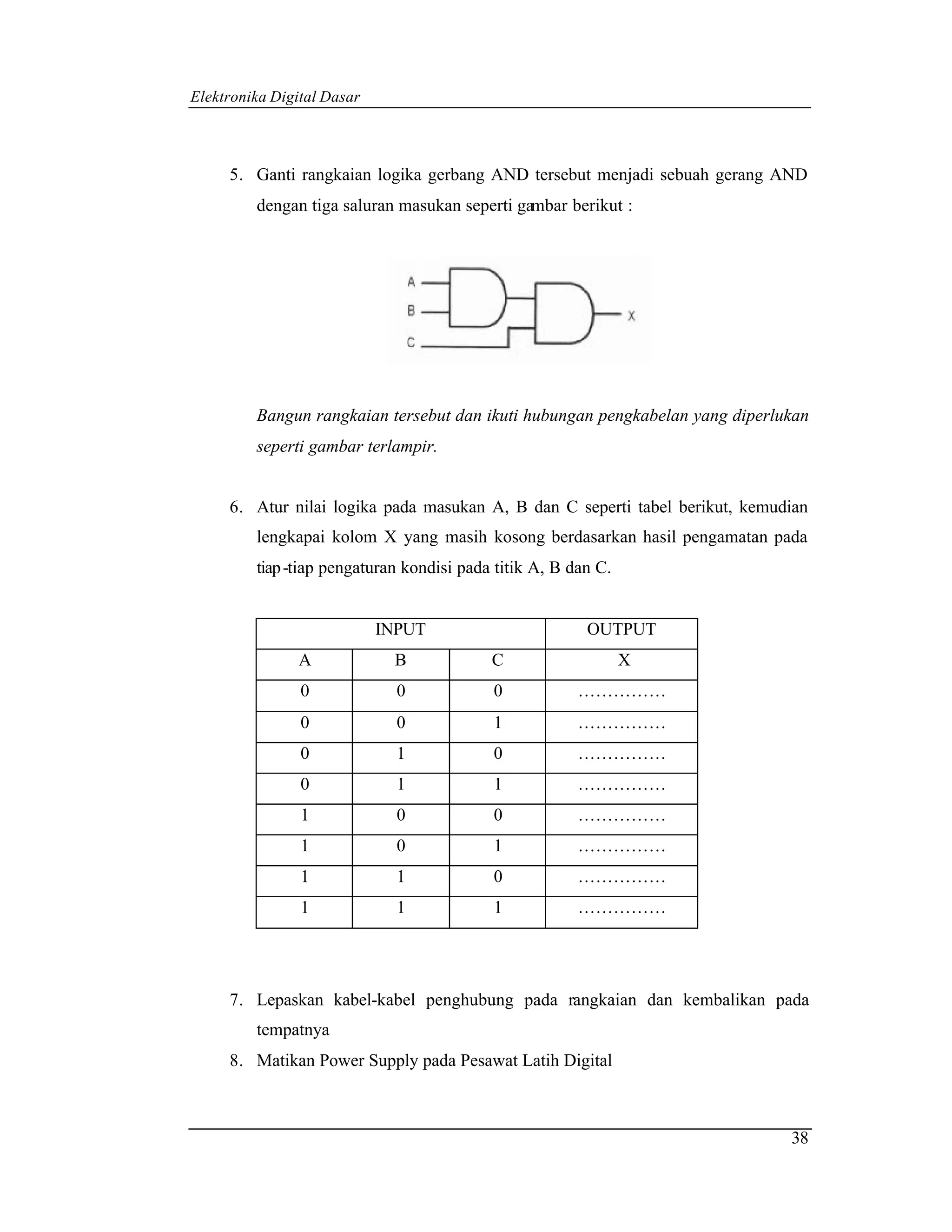 Elektronika Digital Dasar



     5. Ganti rangkaian logika gerbang AND tersebut menjadi sebuah gerang AND
         dengan tiga saluran masukan seperti gambar berikut :




         Bangun rangkaian tersebut dan ikuti hubungan pengkabelan yang diperlukan
         seperti gambar terlampir.


     6. Atur nilai logika pada masukan A, B dan C seperti tabel berikut, kemudian
         lengkapai kolom X yang masih kosong berdasarkan hasil pengamatan pada
         tiap -tiap pengaturan kondisi pada titik A, B dan C.


                            INPUT                        OUTPUT
               A             B             C                    X
                0             0            0            ……………
                0             0            1            ……………
                0             1            0            ……………
                0             1            1            ……………
                1             0            0            ……………
                1             0            1            ……………
                1             1            0            ……………
                1             1            1            ……………




     7. Lepaskan kabel-kabel penghubung pada rangkaian dan kembalikan pada
         tempatnya
     8. Matikan Power Supply pada Pesawat Latih Digital



                                                                              38
 