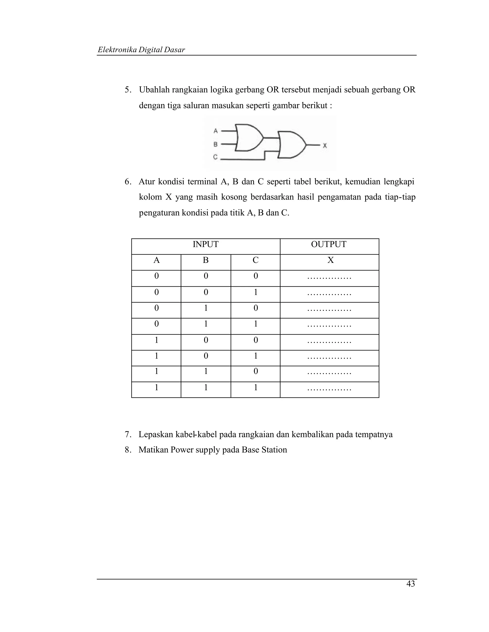 Elektronika Digital Dasar



       5. Ubahlah rangkaian logika gerbang OR tersebut menjadi sebuah gerbang OR
           dengan tiga saluran masukan seperti gambar berikut :




       6. Atur kondisi terminal A, B dan C seperti tabel berikut, kemudian lengkapi
           kolom X yang masih kosong berdasarkan hasil pengamatan pada tiap-tiap
           pengaturan kondisi pada titik A, B dan C.


                            INPUT                        OUTPUT
               A             B           C                   X
                0             0           0             ……………
                0             0           1             ……………
                0             1           0             ……………
                0             1           1             ……………
                1             0           0             ……………
                1             0           1             ……………
                1             1           0             ……………
                1             1           1             ……………




       7. Lepaskan kabel-kabel pada rangkaian dan kembalikan pada tempatnya
       8. Matikan Power supply pada Base Station




                                                                                43
 