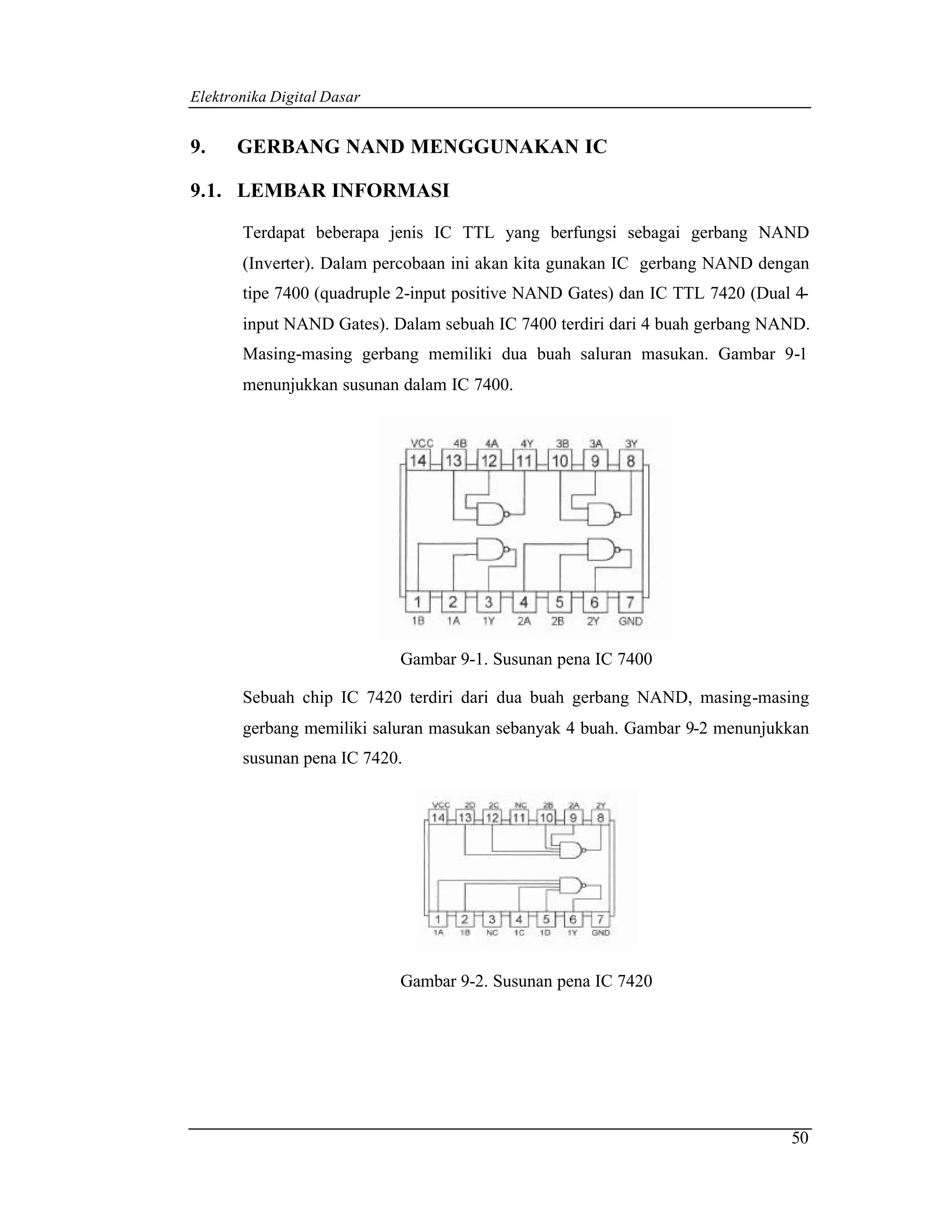Elektronika Digital Dasar


9.    GERBANG NAND MENGGUNAKAN IC

9.1. LEMBAR INFORMASI

       Terdapat beberapa jenis IC TTL yang berfungsi sebagai gerbang NAND
       (Inverter). Dalam percobaan ini akan kita gunakan IC gerbang NAND dengan
       tipe 7400 (quadruple 2-input positive NAND Gates) dan IC TTL 7420 (Dual 4-
       input NAND Gates). Dalam sebuah IC 7400 terdiri dari 4 buah gerbang NAND.
       Masing-masing gerbang memiliki dua buah saluran masukan. Gambar 9-1
       menunjukkan susunan dalam IC 7400.




                            Gambar 9-1. Susunan pena IC 7400

       Sebuah chip IC 7420 terdiri dari dua buah gerbang NAND, masing-masing
       gerbang memiliki saluran masukan sebanyak 4 buah. Gambar 9-2 menunjukkan
       susunan pena IC 7420.




                            Gambar 9-2. Susunan pena IC 7420




                                                                              50
 