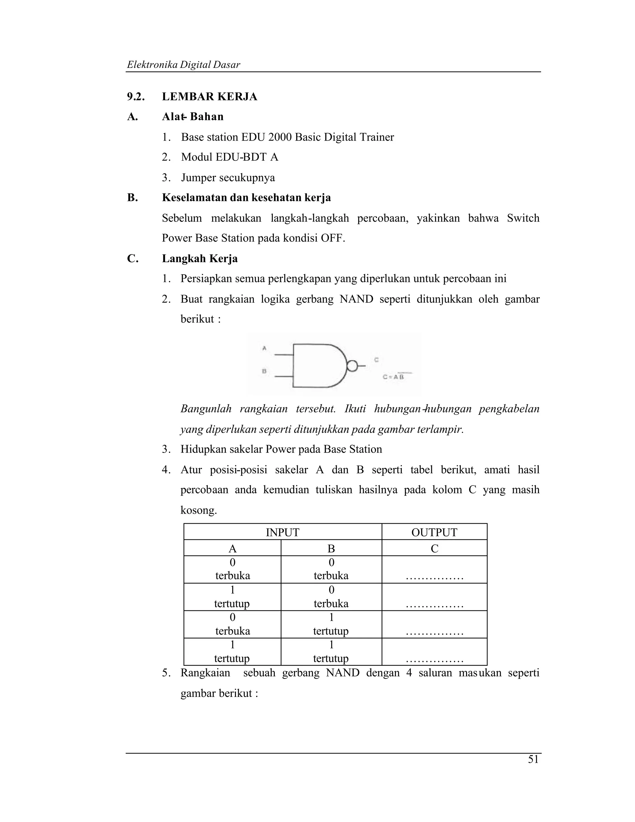 Elektronika Digital Dasar


9.2.   LEMBAR KERJA
A.     Alat- Bahan
       1. Base station EDU 2000 Basic Digital Trainer
       2. Modul EDU-BDT A
       3. Jumper secukupnya
B.     Keselamatan dan kesehatan kerja
       Sebelum melakukan langkah-langkah percobaan, yakinkan bahwa Switch
       Power Base Station pada kondisi OFF.
C.     Langkah Kerja
       1. Persiapkan semua perlengkapan yang diperlukan untuk percobaan ini
       2. Buat rangkaian logika gerbang NAND seperti ditunjukkan oleh gambar
           berikut :




           Bangunlah rangkaian tersebut. Ikuti hubungan -hubungan pengkabelan
           yang diperlukan seperti ditunjukkan pada gambar terlampir.
       3. Hidupkan sakelar Power pada Base Station
       4. Atur posisi-posisi sakelar A dan B seperti tabel berikut, amati hasil
           percobaan anda kemudian tuliskan hasilnya pada kolom C yang masih
           kosong.
                              INPUT                       OUTPUT
                    A                B                      C
                    0                0
                terbuka          terbuka                ……………
                    1                0
                tertutup         terbuka                ……………
                    0                1
                terbuka          tertutup               ……………
                    1                1
                tertutup         tertutup               ……………
       5. Rangkaian sebuah gerbang NAND dengan          4 saluran mas ukan seperti
           gambar berikut :




                                                                               51
 
