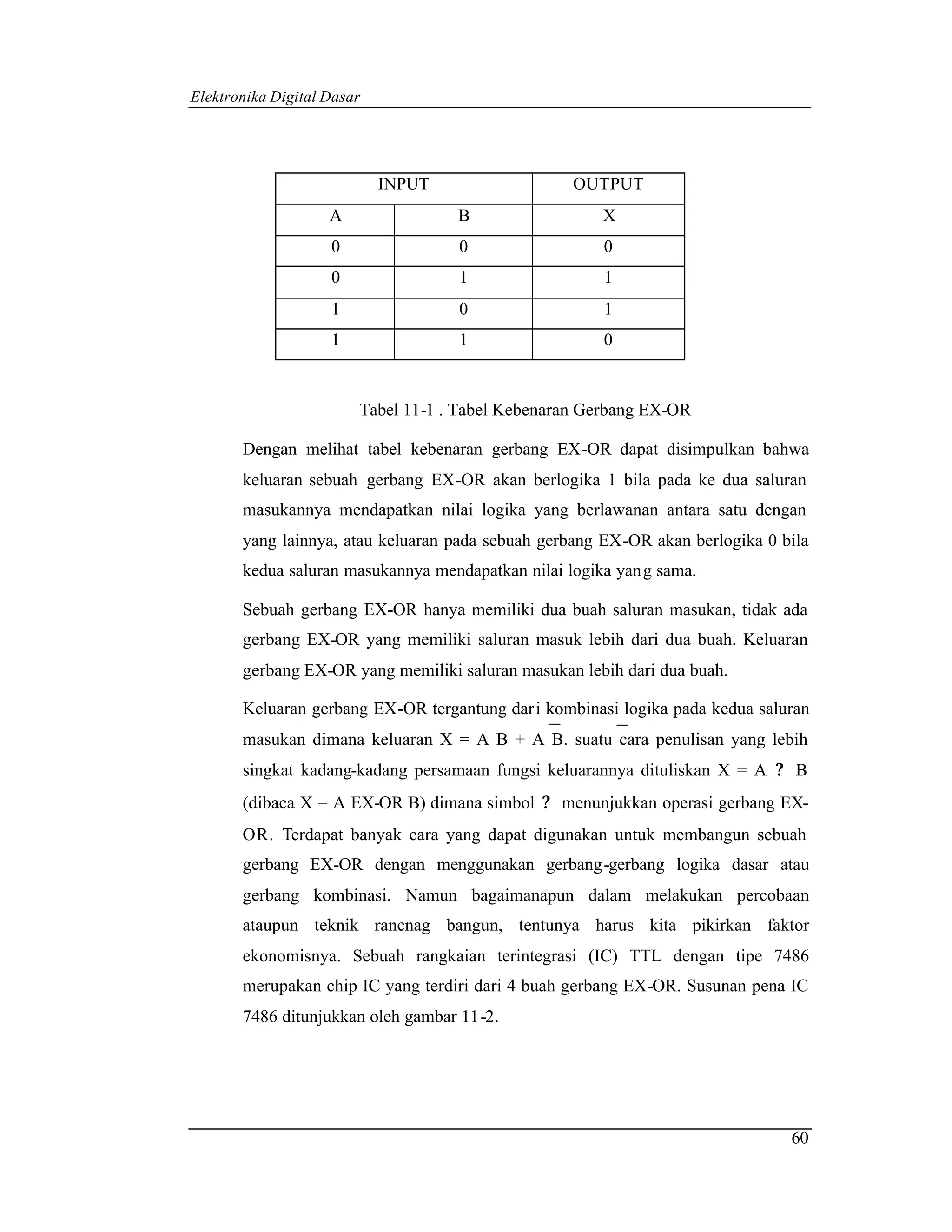 Elektronika Digital Dasar




                            INPUT                  OUTPUT
                    A               B                 X
                    0               0                 0
                    0               1                 1
                    1               0                 1
                    1               1                 0


                        Tabel 11-1 . Tabel Kebenaran Gerbang EX-OR

       Dengan melihat tabel kebenaran gerbang EX-OR dapat disimpulkan bahwa
       keluaran sebuah gerbang EX-OR akan berlogika 1 bila pada ke dua saluran
       masukannya mendapatkan nilai logika yang berlawanan antara satu dengan
       yang lainnya, atau keluaran pada sebuah gerbang EX-OR akan berlogika 0 bila
       kedua saluran masukannya mendapatkan nilai logika yang sama.

       Sebuah gerbang EX-OR hanya memiliki dua buah saluran masukan, tidak ada
       gerbang EX-OR yang memiliki saluran masuk lebih dari dua buah. Keluaran
       gerbang EX-OR yang memiliki saluran masukan lebih dari dua buah.

       Keluaran gerbang EX-OR tergantung dari kombinasi logika pada kedua saluran
       masukan dimana keluaran X = A B + A B. suatu cara penulisan yang lebih
       singkat kadang-kadang persamaan fungsi keluarannya dituliskan X = A ? B
       (dibaca X = A EX-OR B) dimana simbol ? menunjukkan operasi gerbang EX-
       OR. Terdapat banyak cara yang dapat digunakan untuk membangun sebuah
       gerbang EX-OR dengan menggunakan gerbang -gerbang logika dasar atau
       gerbang kombinasi. Namun bagaimanapun dalam melakukan percobaan
       ataupun teknik rancnag bangun, tentunya harus kita pikirkan faktor
       ekonomisnya. Sebuah rangkaian terintegrasi (IC) TTL dengan tipe 7486
       merupakan chip IC yang terdiri dari 4 buah gerbang EX-OR. Susunan pena IC
       7486 ditunjukkan oleh gambar 11 -2.




                                                                               60
 