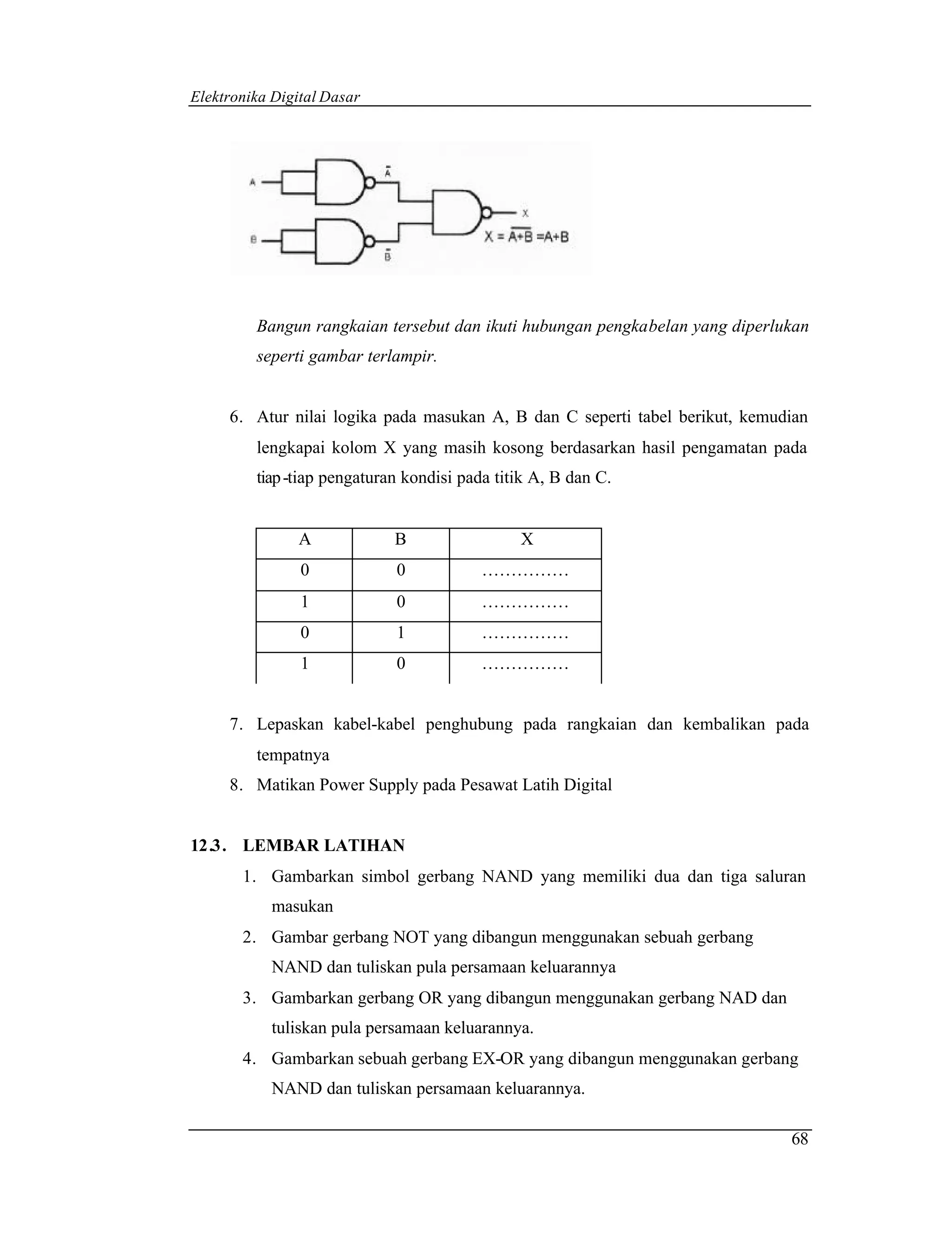 Elektronika Digital Dasar




         Bangun rangkaian tersebut dan ikuti hubungan pengkabelan yang diperlukan
         seperti gambar terlampir.


     6. Atur nilai logika pada masukan A, B dan C seperti tabel berikut, kemudian
         lengkapai kolom X yang masih kosong berdasarkan hasil pengamatan pada
         tiap -tiap pengaturan kondisi pada titik A, B dan C.


               A             B                 X
                0            0           ……………
                1            0           ……………
                0            1           ……………
                1            0           ……………


     7. Lepaskan kabel-kabel penghubung pada rangkaian dan kembalikan pada
         tempatnya
     8. Matikan Power Supply pada Pesawat Latih Digital


12.3. LEMBAR LATIHAN
       1. Gambarkan simbol gerbang NAND yang memiliki dua dan tiga saluran
           masukan
       2. Gambar gerbang NOT yang dibangun menggunakan sebuah gerbang
           NAND dan tuliskan pula persamaan keluarannya
       3. Gambarkan gerbang OR yang dibangun menggunakan gerbang NAD dan
           tuliskan pula persamaan keluarannya.
       4. Gambarkan sebuah gerbang EX-OR yang dibangun menggunakan gerbang
           NAND dan tuliskan persamaan keluarannya.

                                                                              68
 
