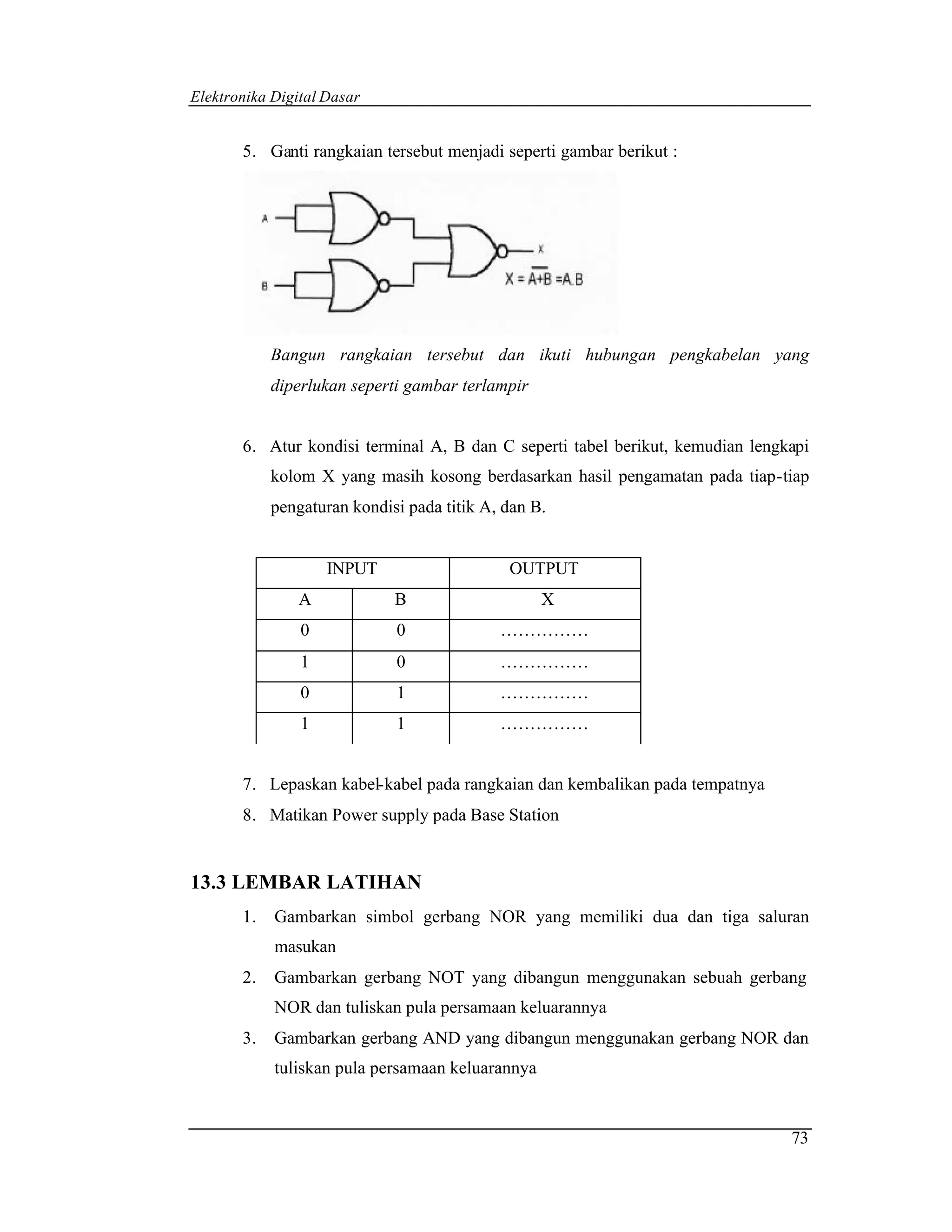 Elektronika Digital Dasar


       5. Ganti rangkaian tersebut menjadi seperti gambar berikut :




            Bangun rangkaian tersebut dan ikuti hubungan pengkabelan yang
            diperlukan seperti gambar terlampir


       6. Atur kondisi terminal A, B dan C seperti tabel berikut, kemudian lengkapi
            kolom X yang masih kosong berdasarkan hasil pengamatan pada tiap-tiap
            pengaturan kondisi pada titik A, dan B.


                    INPUT                    OUTPUT
               A             B                    X
                0            0              ……………
                1            0              ……………
                0            1              ……………
                1            1              ……………


       7. Lepaskan kabel-kabel pada rangkaian dan kembalikan pada tempatnya
       8. Matikan Power supply pada Base Station


13.3 LEMBAR LATIHAN
       1.   Gambarkan simbol gerbang NOR yang memiliki dua dan tiga saluran
            masukan
       2.   Gambarkan gerbang NOT yang dibangun menggunakan sebuah gerbang
            NOR dan tuliskan pula persamaan keluarannya
       3.   Gambarkan gerbang AND yang dibangun menggunakan gerbang NOR dan
            tuliskan pula persamaan keluarannya


                                                                                73
 